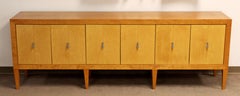 Mid-Century Modern Long Baker Blonde 6-Door Credenza Aluminum Pulls, 1970s