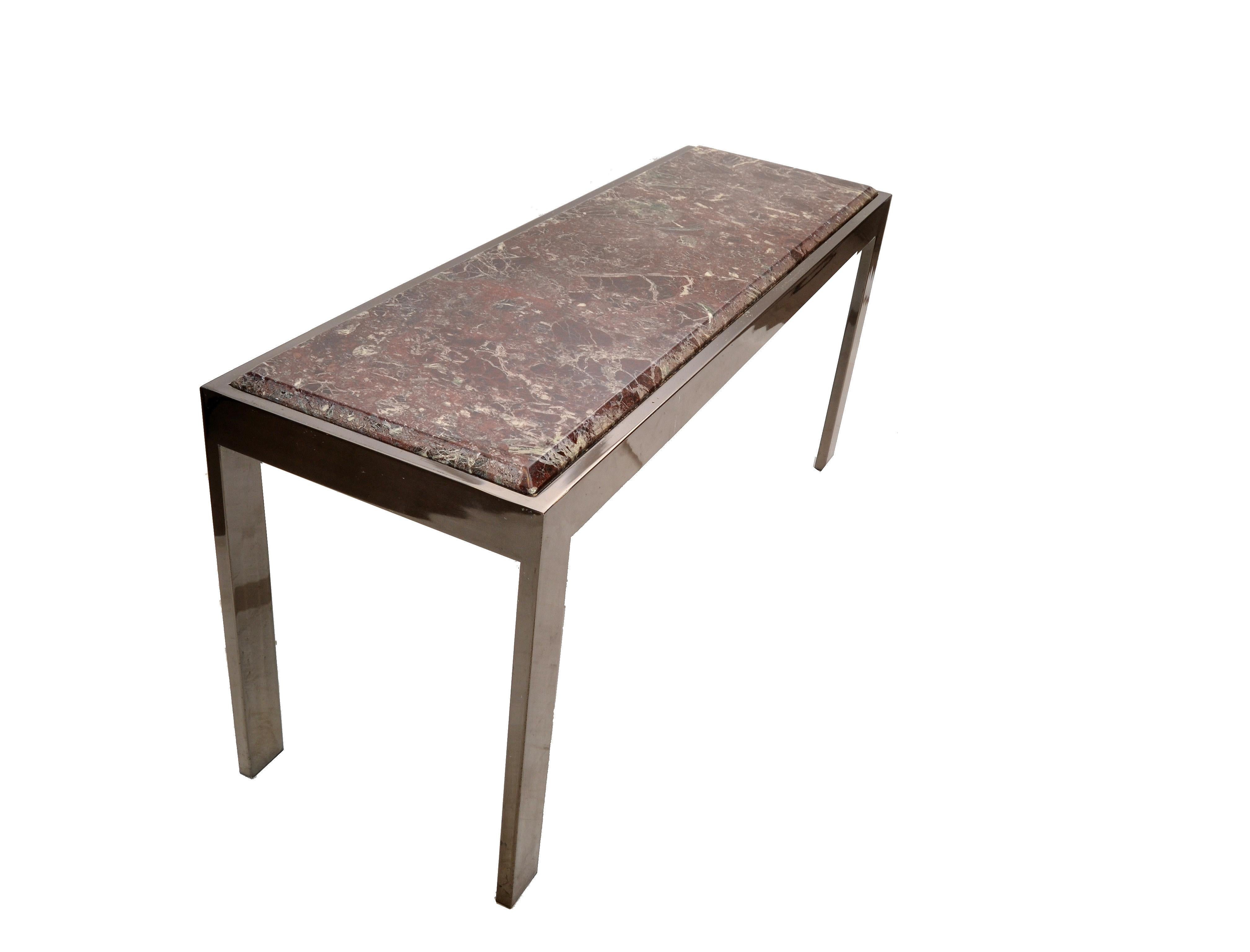 Long Mid-Century Modern chrome and beveled Verona marble top console table, hallway table.
The marble rests form fit into the sturdy frame.
The Grain Pattern and the Bordeaux color creates a complimentary look to the chrome.
 