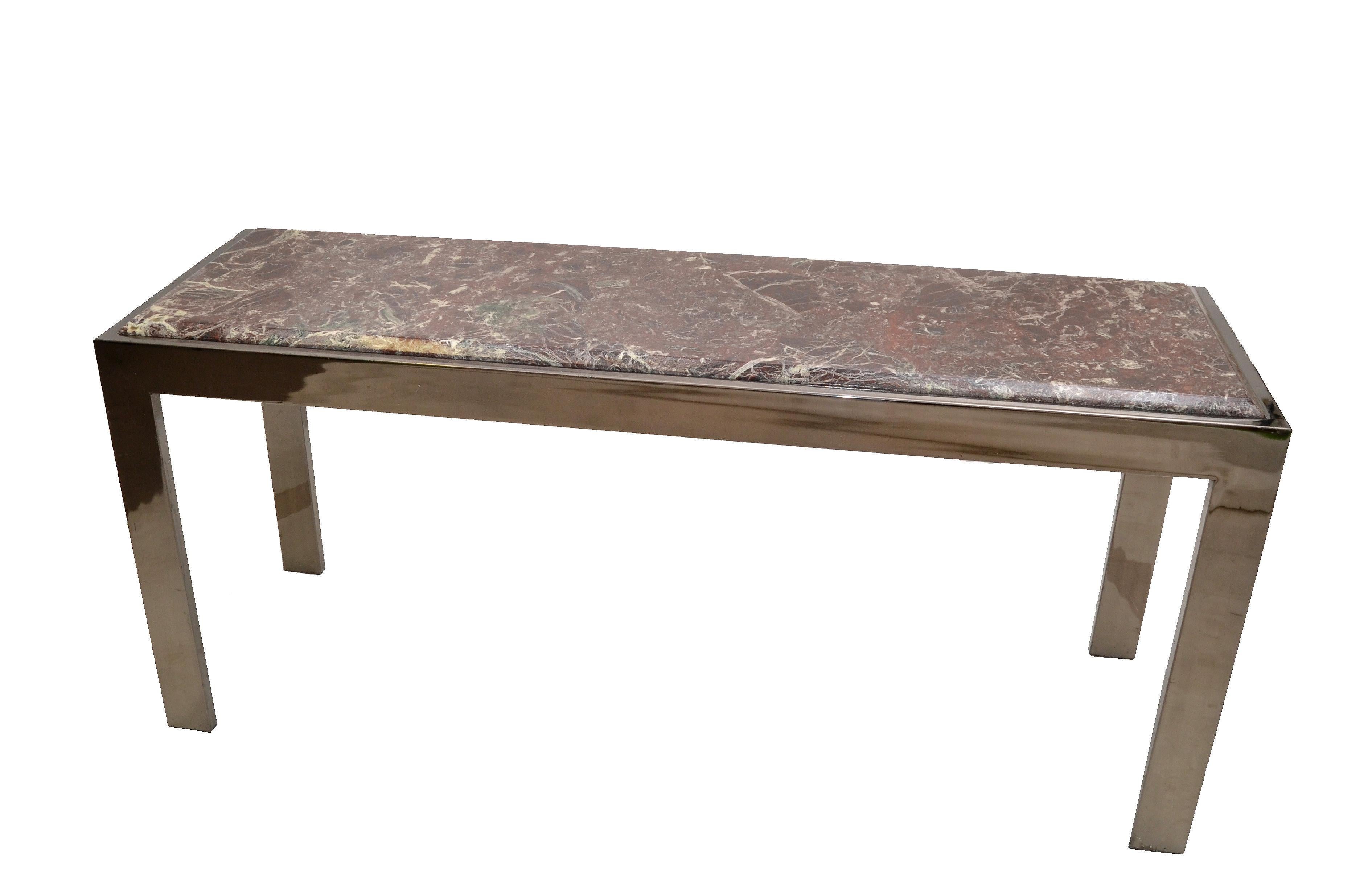 Mid-Century Modern Long Chrome & Beveled Verona Marble Top Console Table, 1975 In Good Condition For Sale In Miami, FL