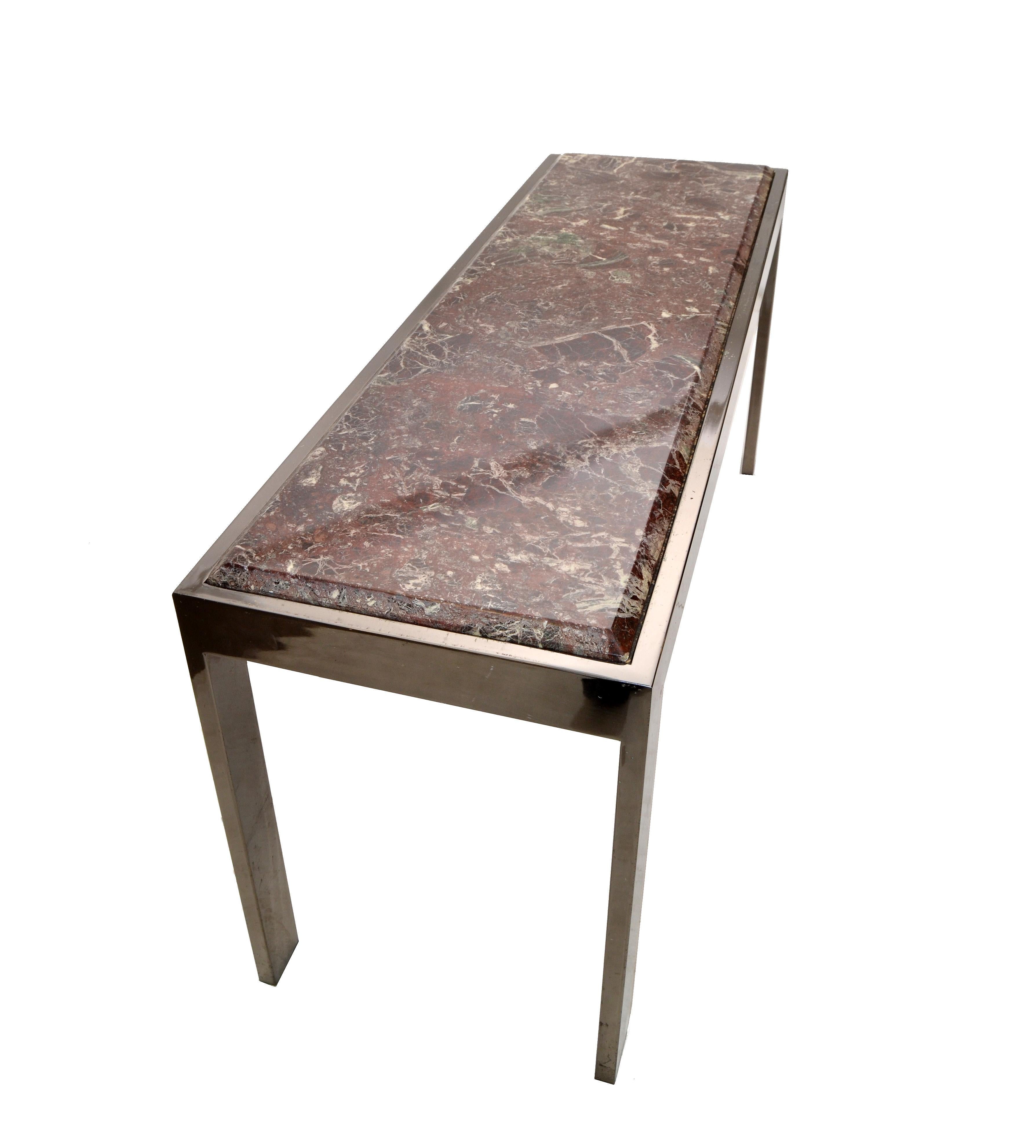 20th Century Mid-Century Modern Long Chrome & Beveled Verona Marble Top Console Table, 1975 For Sale
