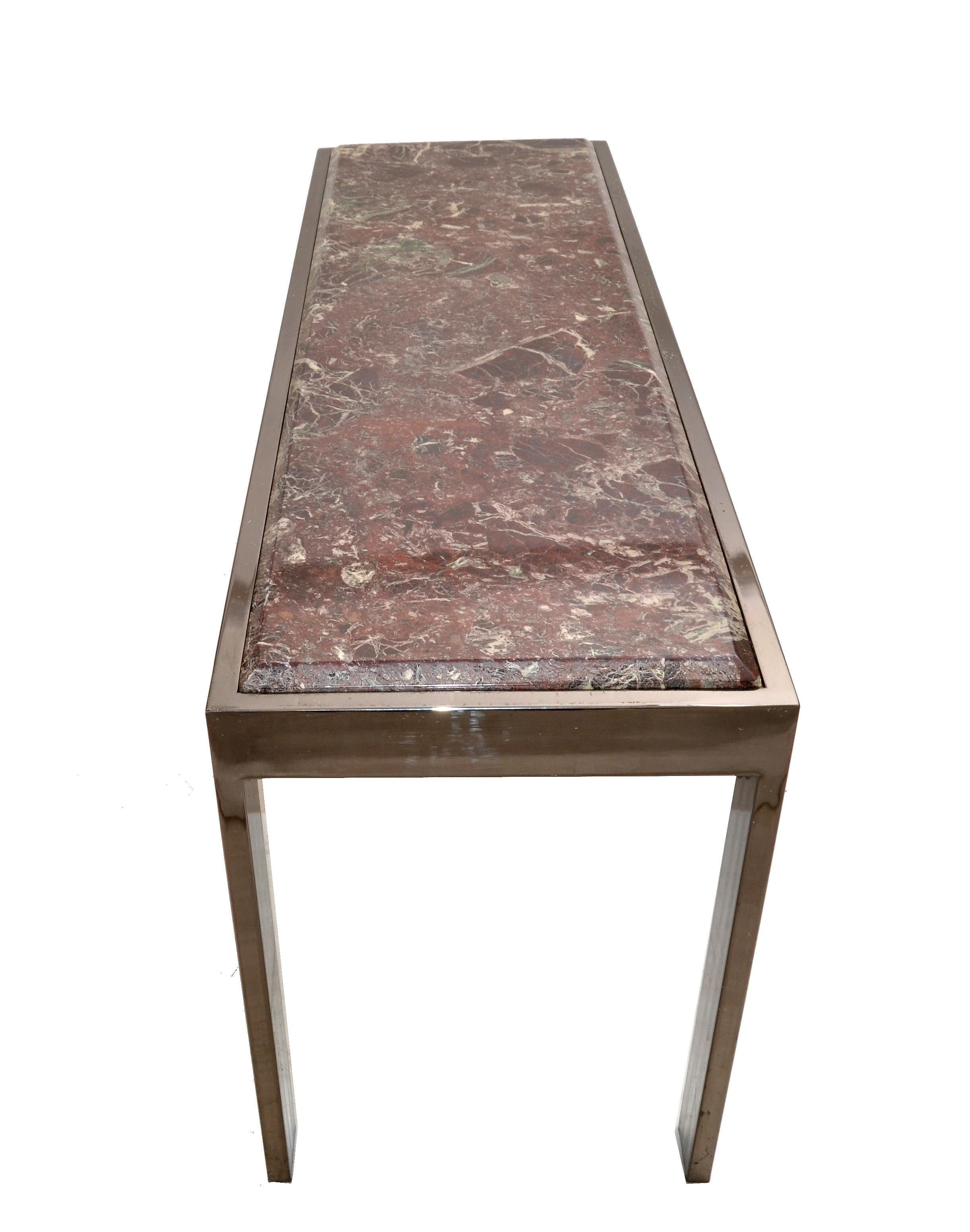 Mid-Century Modern Long Chrome & Beveled Verona Marble Top Console Table, 1975 For Sale 1
