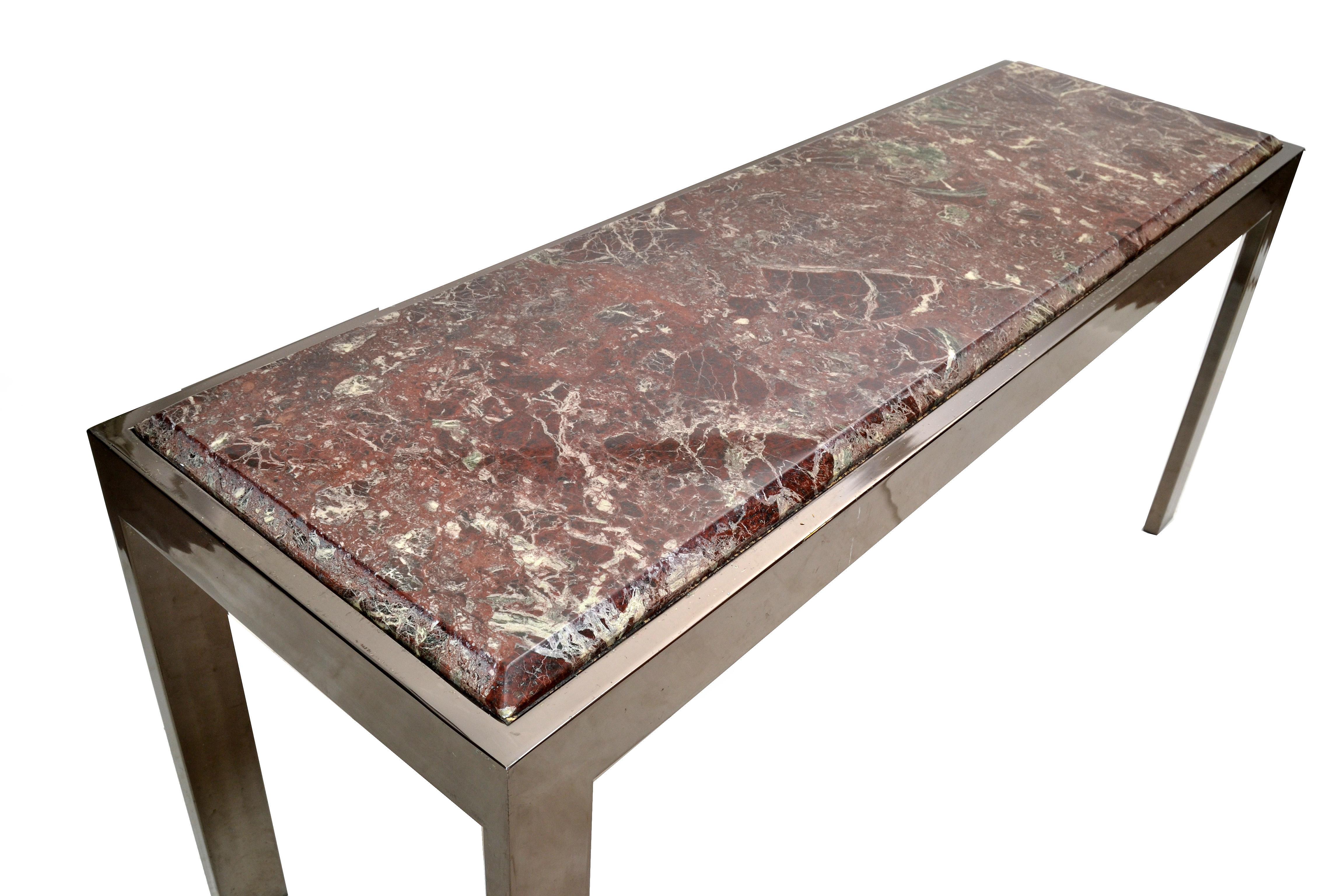 Mid-Century Modern Long Chrome & Beveled Verona Marble Top Console Table, 1975 For Sale 4