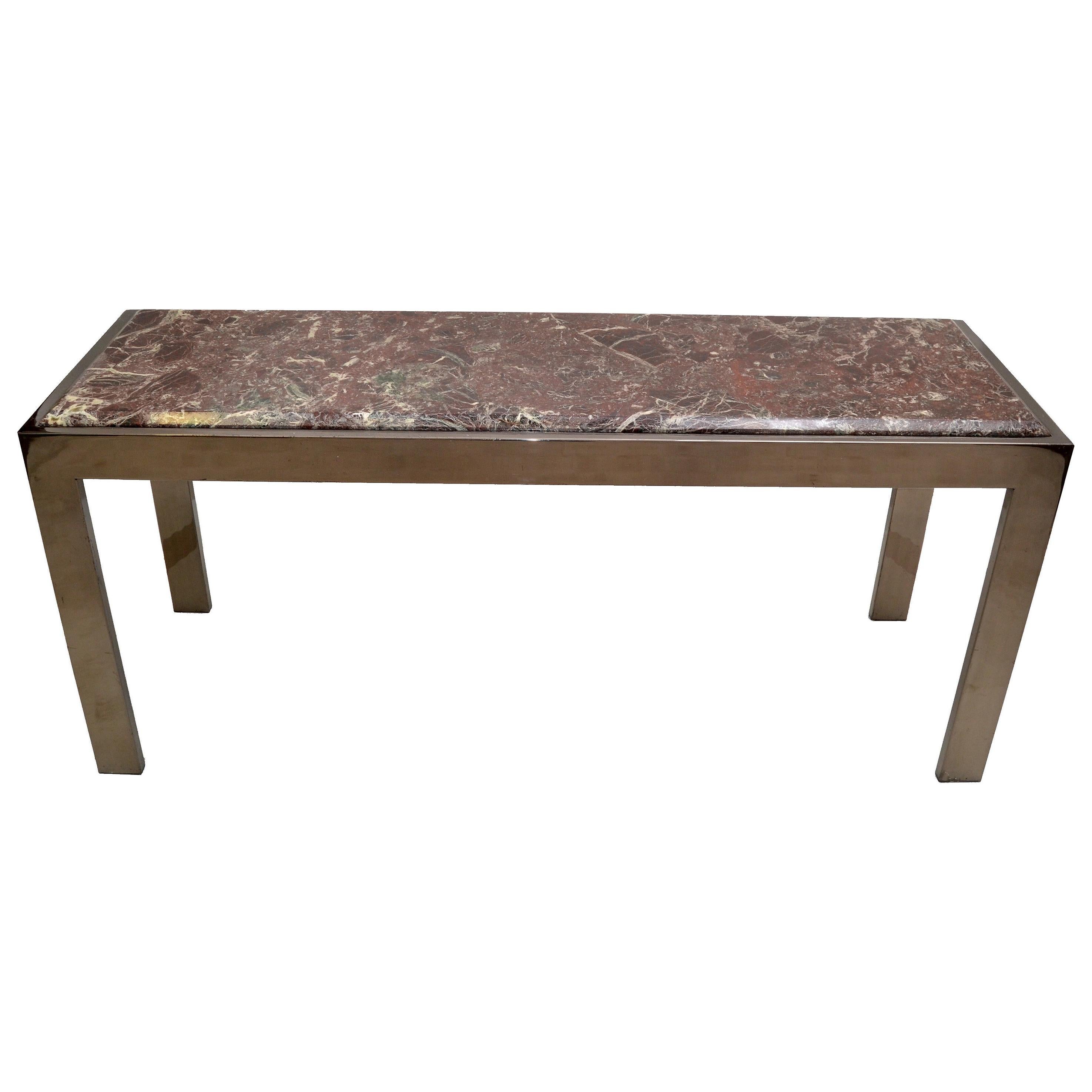 Mid-Century Modern Long Chrome & Beveled Verona Marble Top Console Table, 1975 For Sale