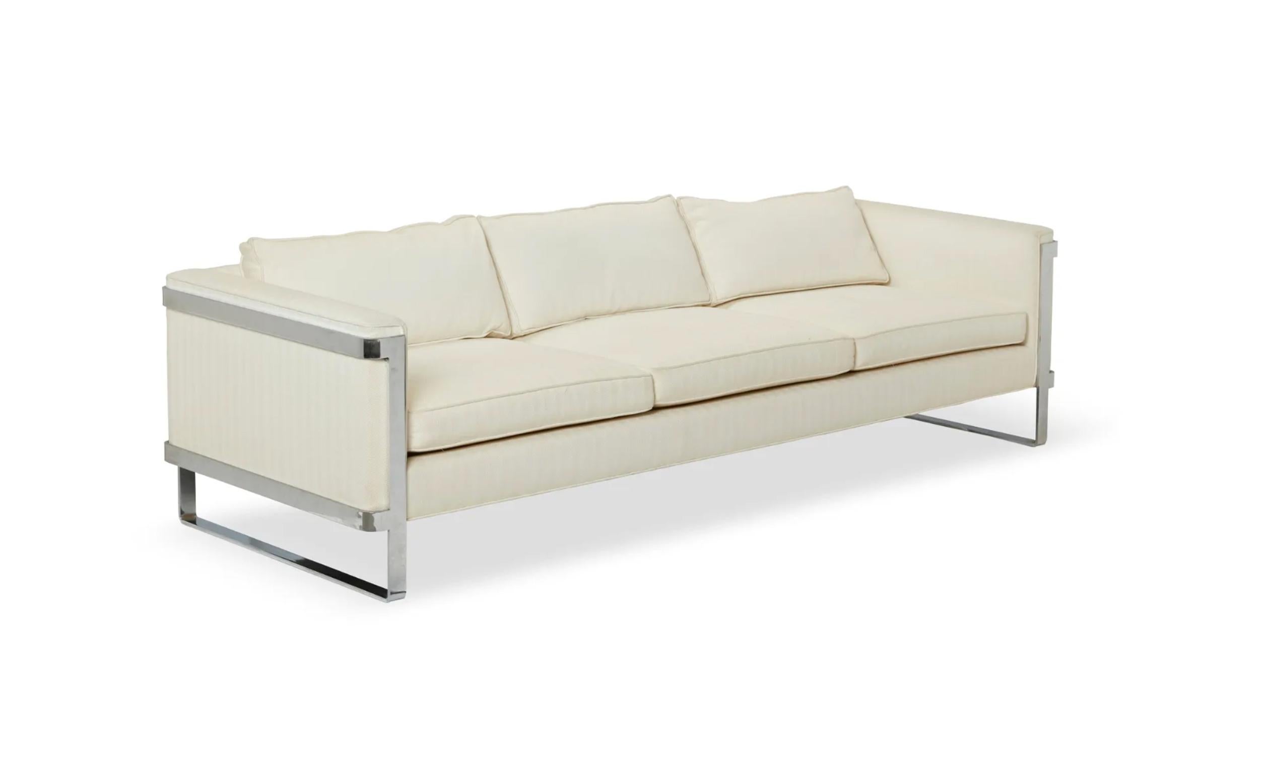 Woodwork Mid-Century Modern Long flat bar chrome frame White 3 Seat Sofa Milo Baughman For Sale