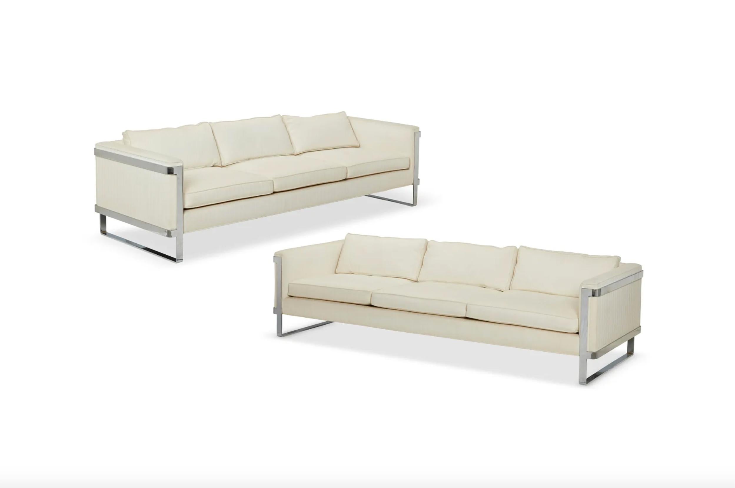 Metal Mid-Century Modern Long flat bar chrome frame White 3 Seat Sofa Milo Baughman