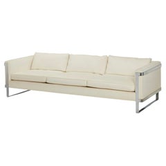 Mid-Century Modern Long flat bar chrome frame White 3 Seat Sofa Milo Baughman