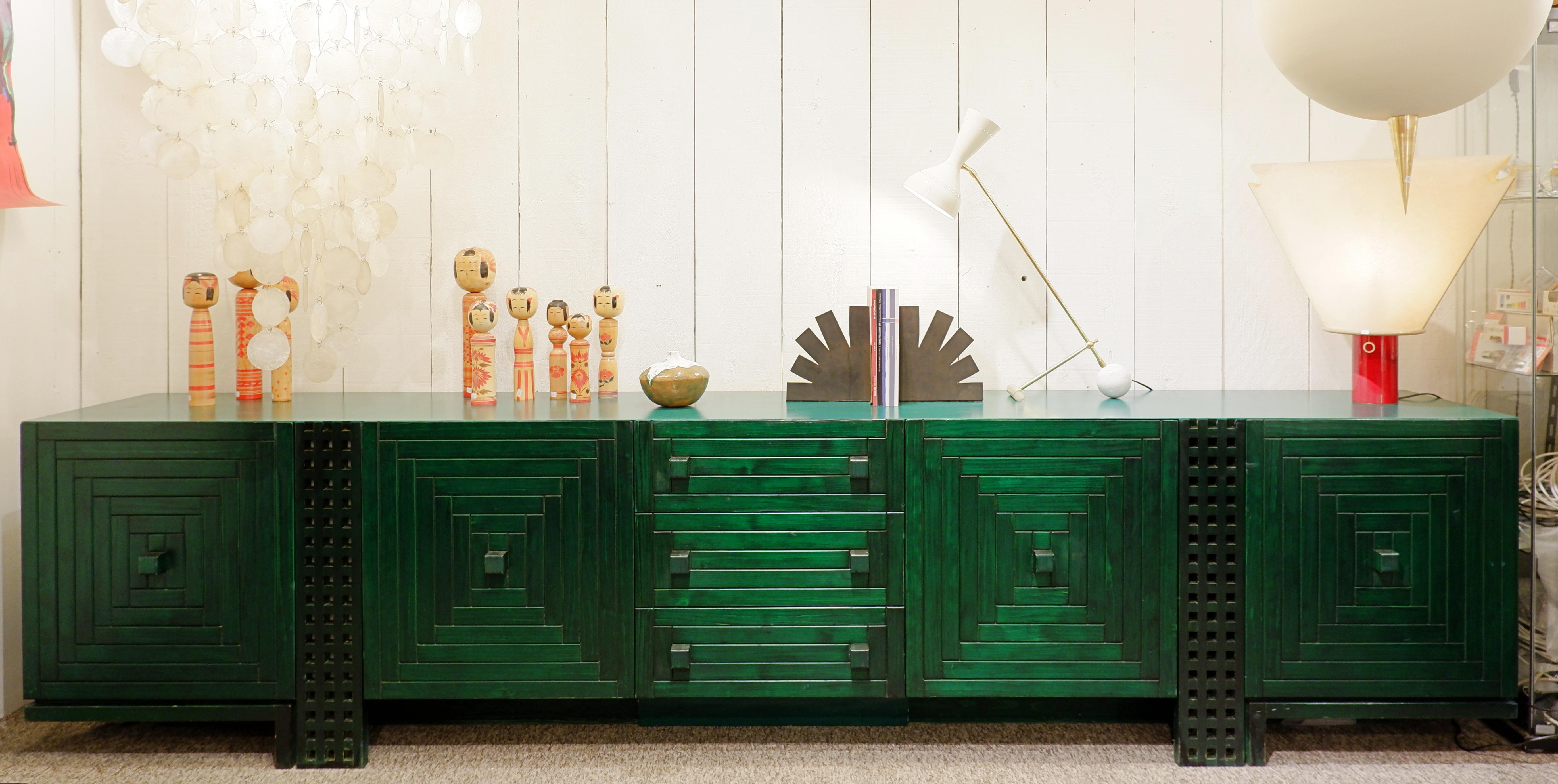 Mid-Century Modern Long Graphic Sideboard in Green Stained Wood, Italy 12