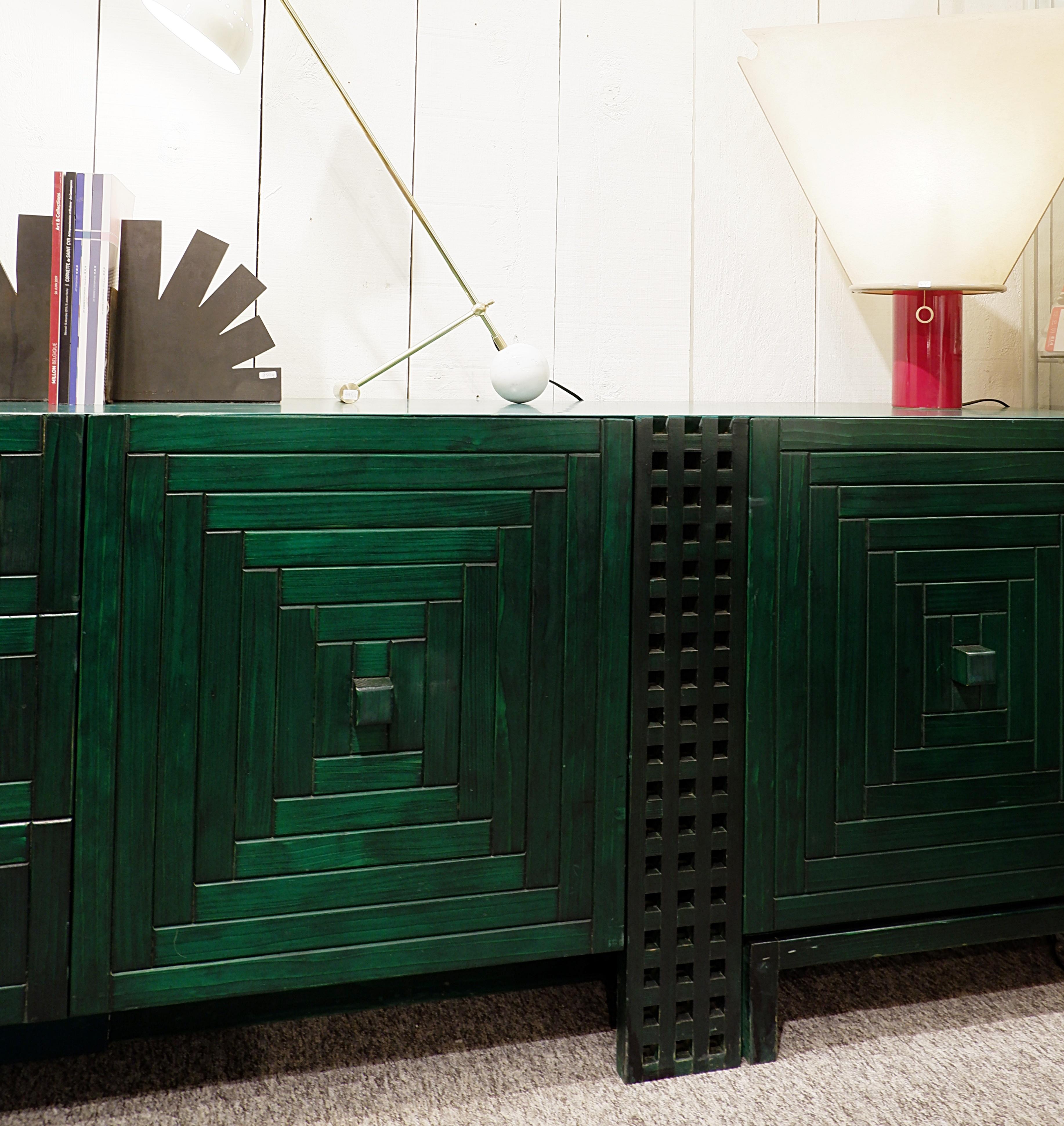 Mid-Century Modern Long Graphic Sideboard in Green Stained Wood, Italy 13