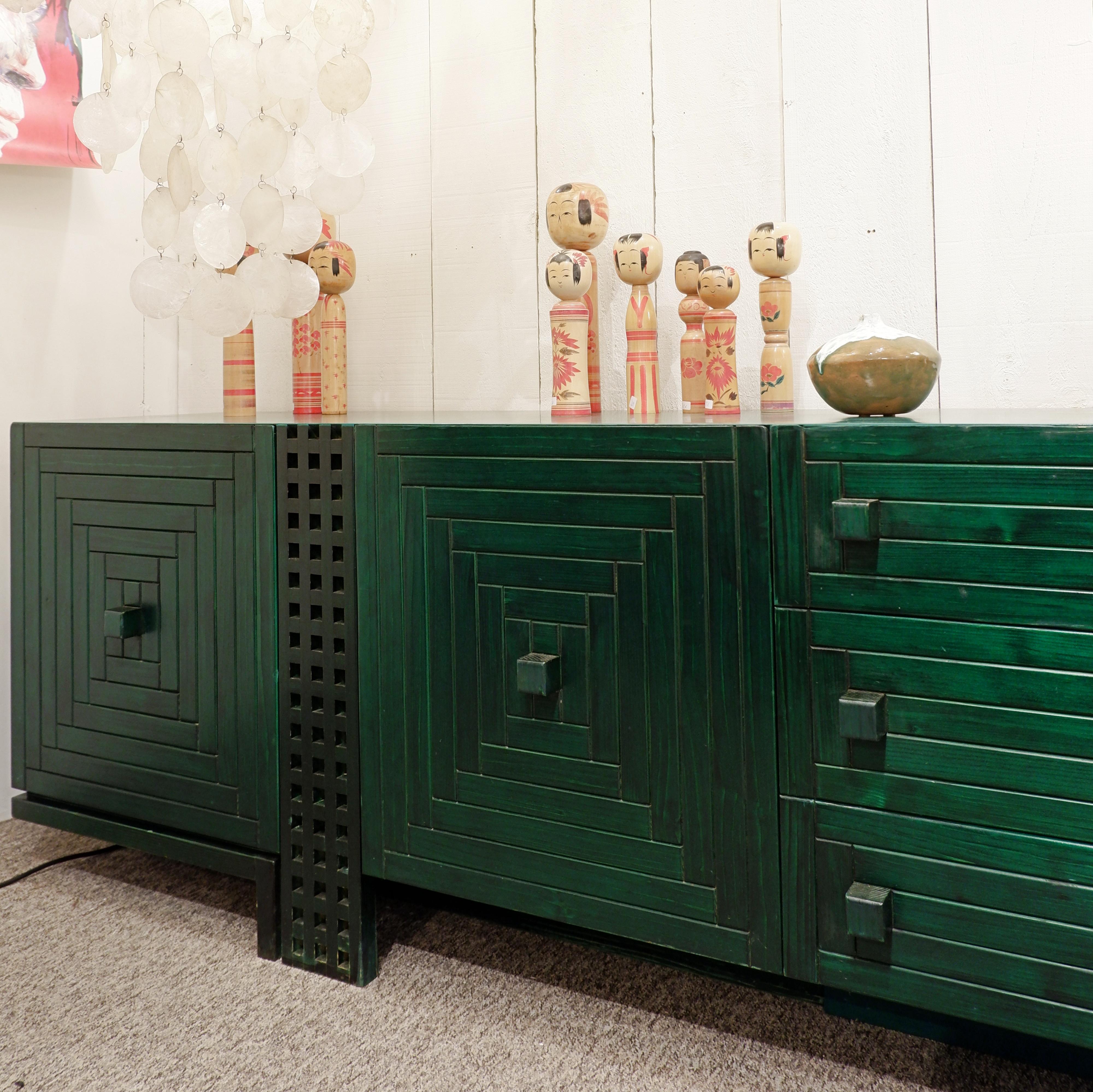 Mid-Century Modern Long Graphic Sideboard in Green Stained Wood, Italy 14