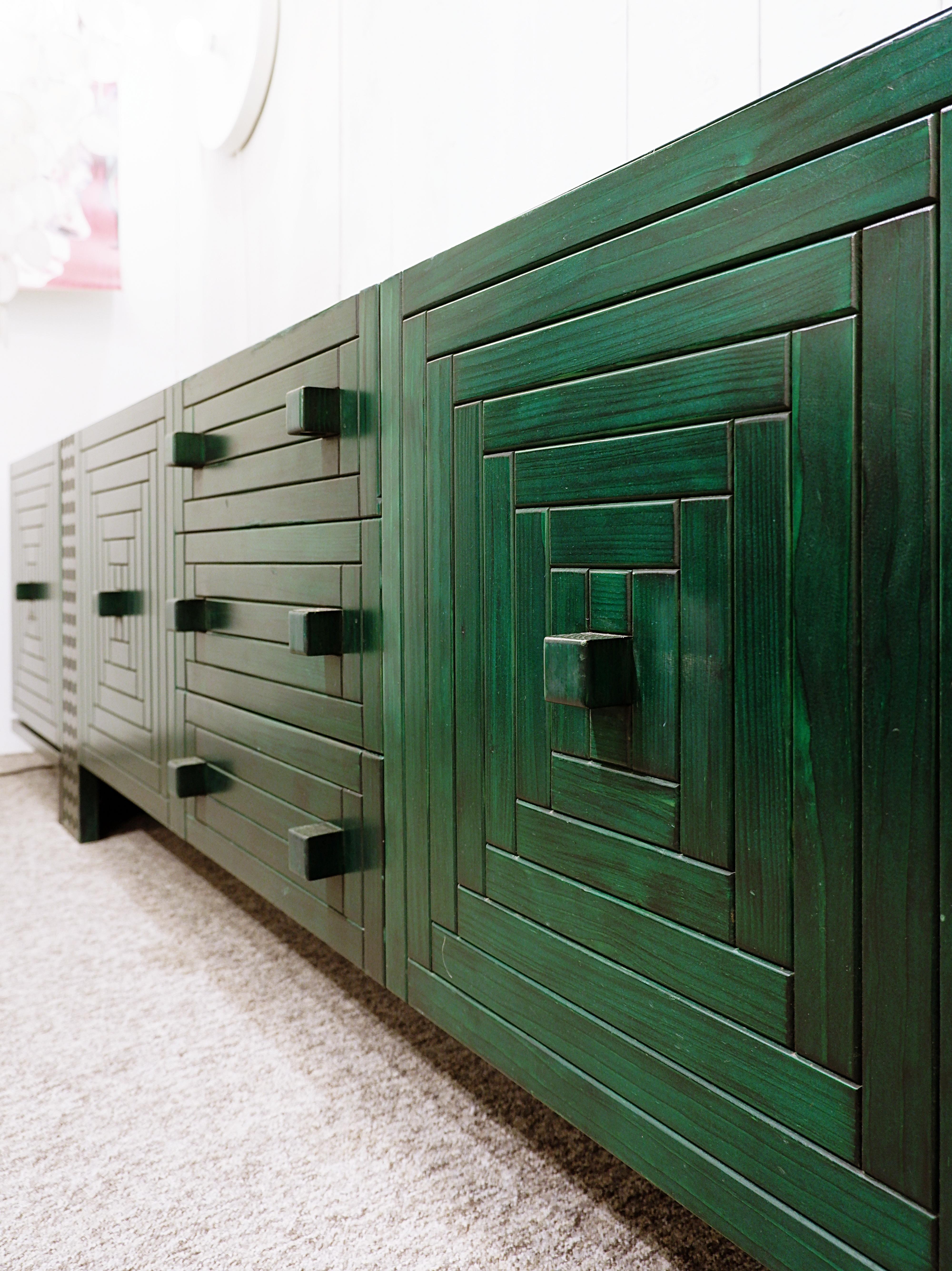 Italian Mid-Century Modern Long Graphic Sideboard in Green Stained Wood, Italy
