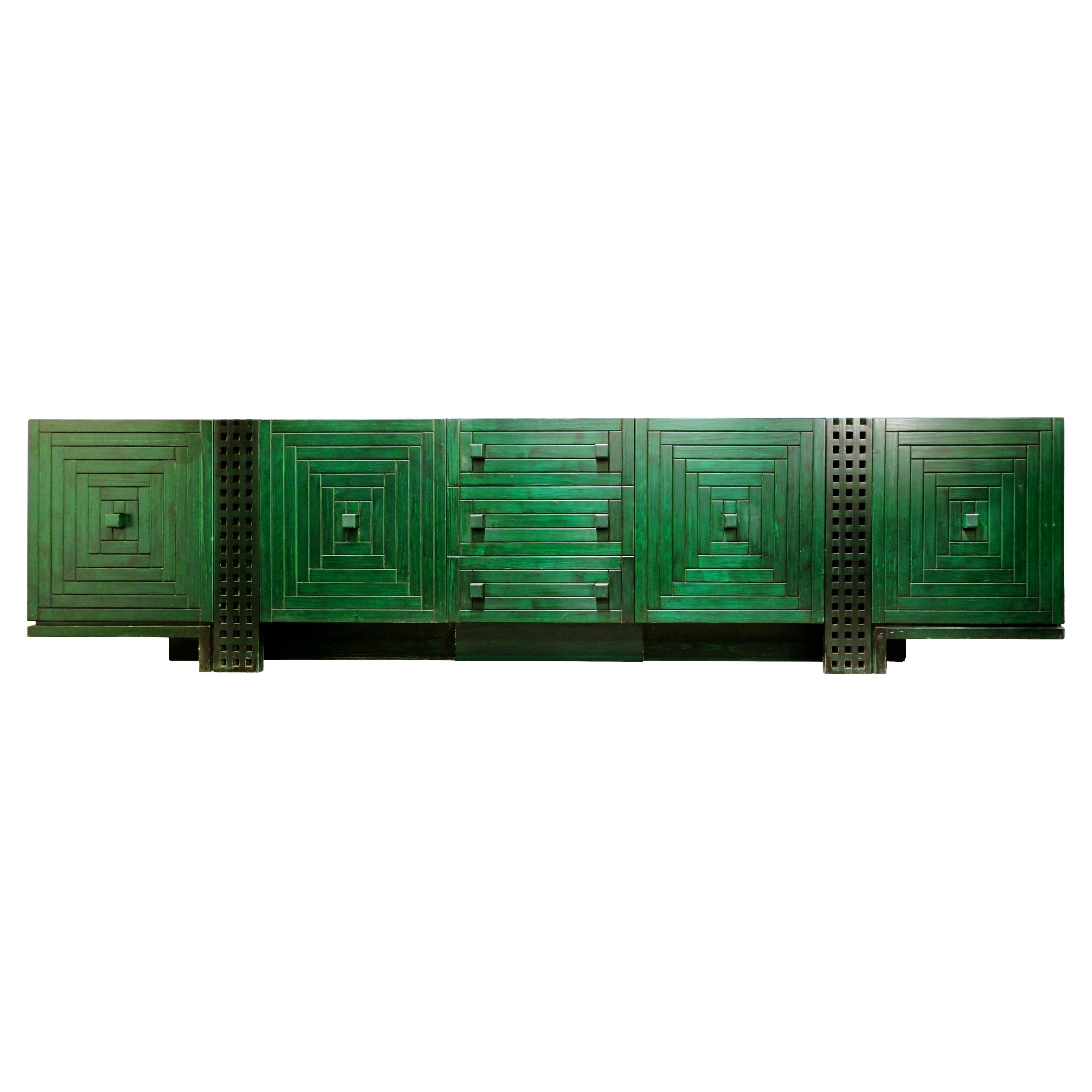 Mid-Century Modern Long Graphic Sideboard in Green Stained Wood, Italy