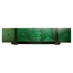 Mid-Century Modern Long Graphic Sideboard in Green Stained Wood, Italy