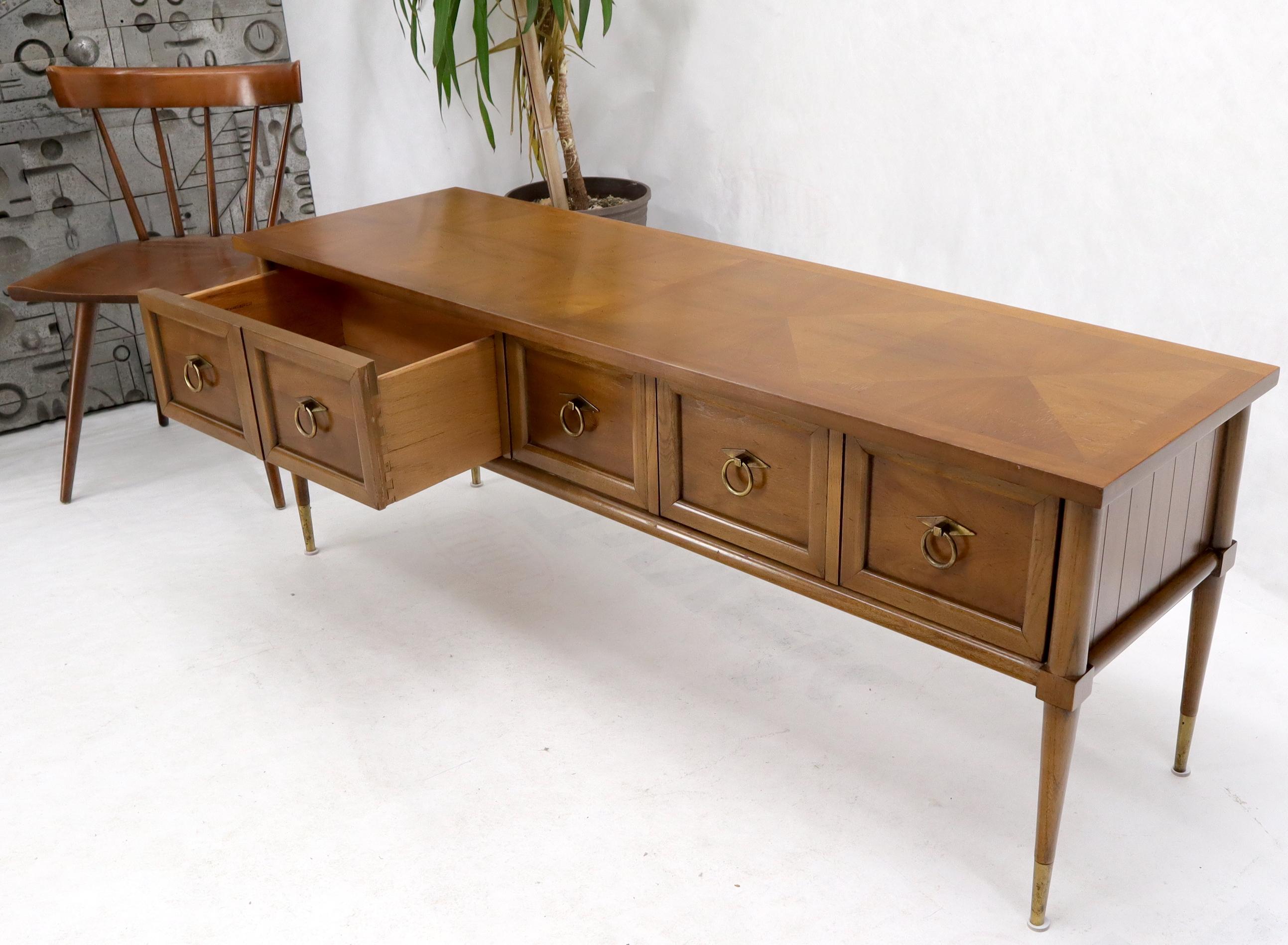 Lacquered Mid-Century Modern Long Low Profile Credenza with Round Ring Drop Pulls For Sale