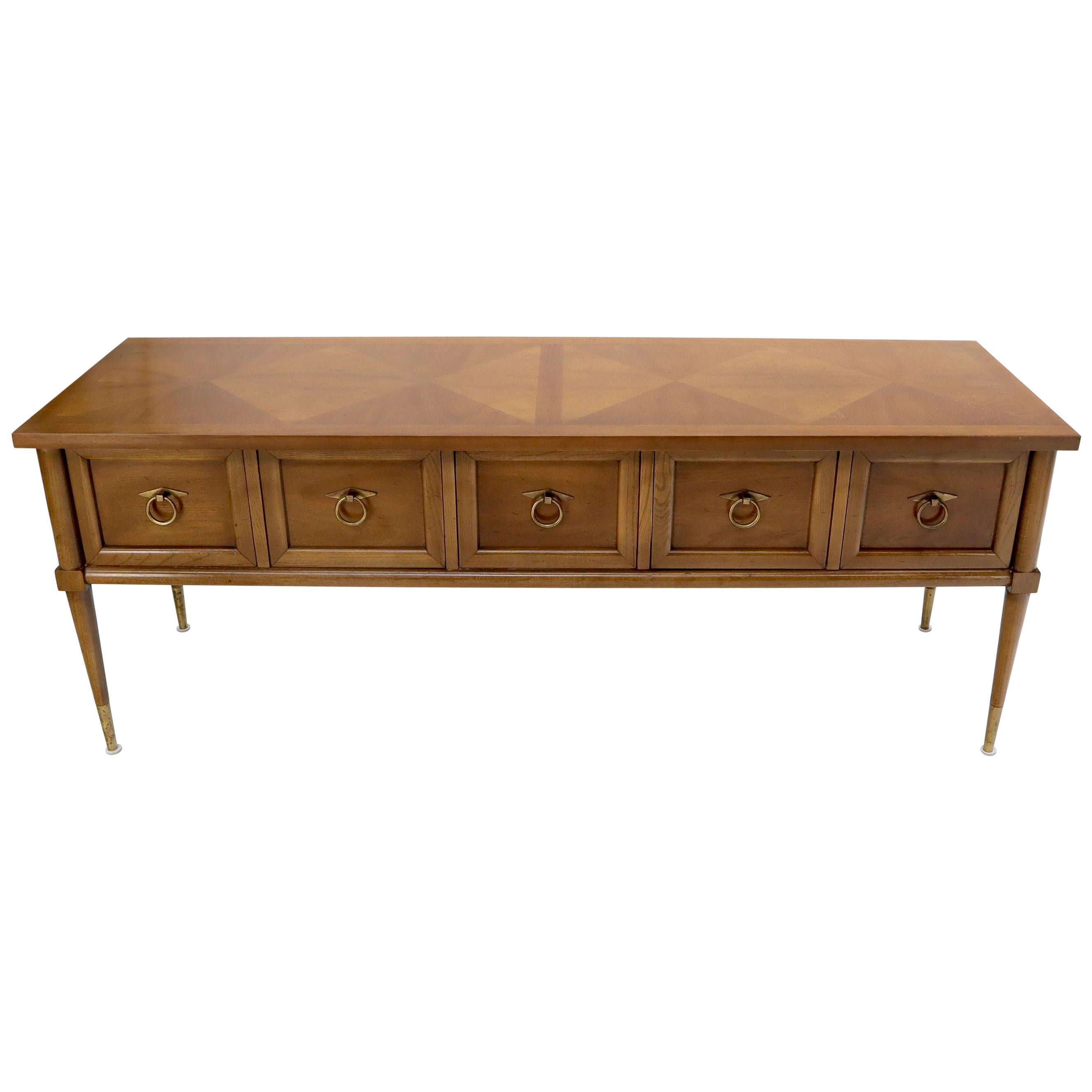 Mid-Century Modern Long Low Profile Credenza with Round Ring Drop Pulls For Sale