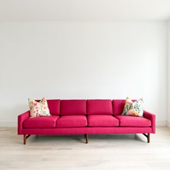 Mid-Century Modern Long Low Sofa by Rowe, New Fuchsia Upholstery