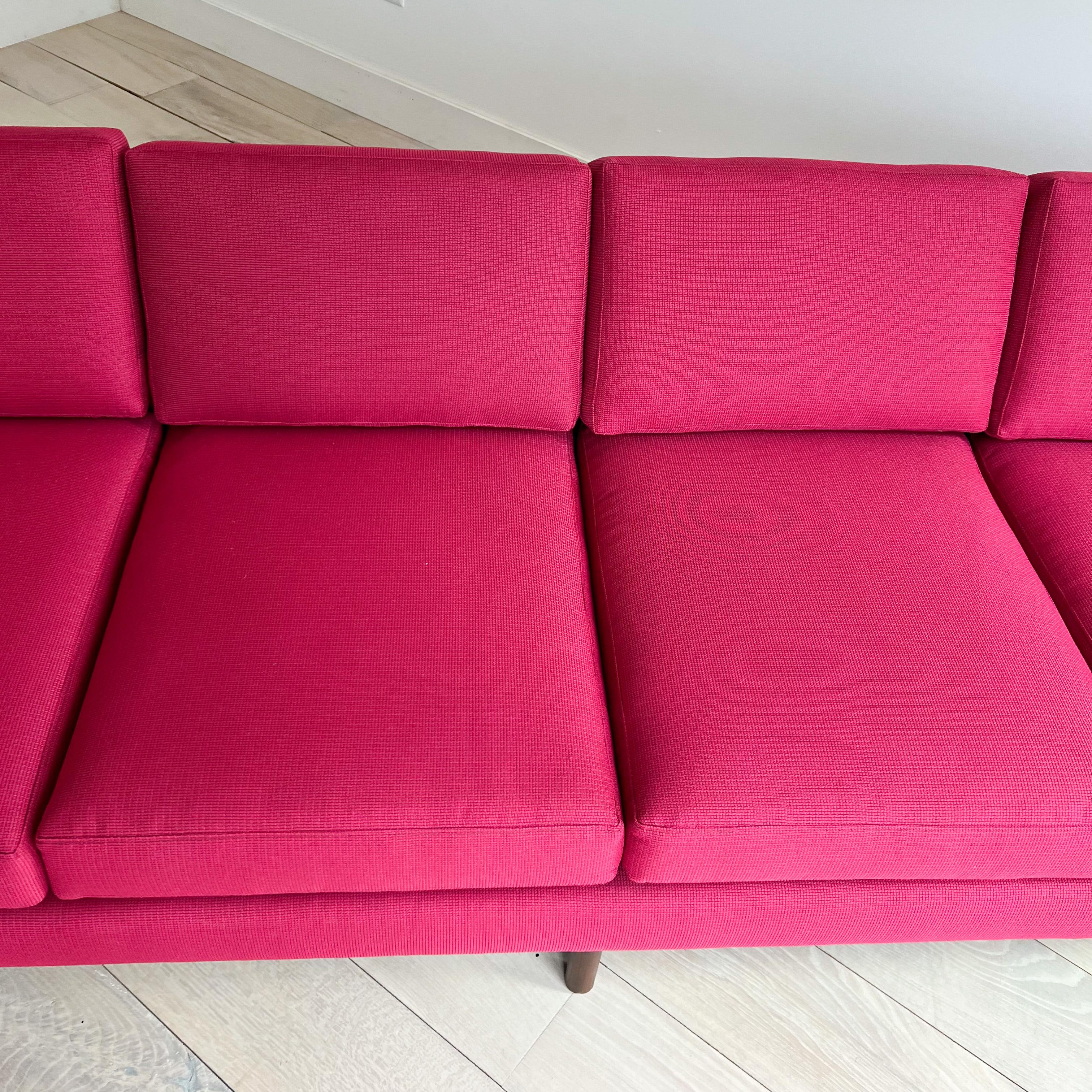 Mid-Century Modern Long Low Sofa by Rowe, New Fuchsia Upholstery In Good Condition In Asheville, NC