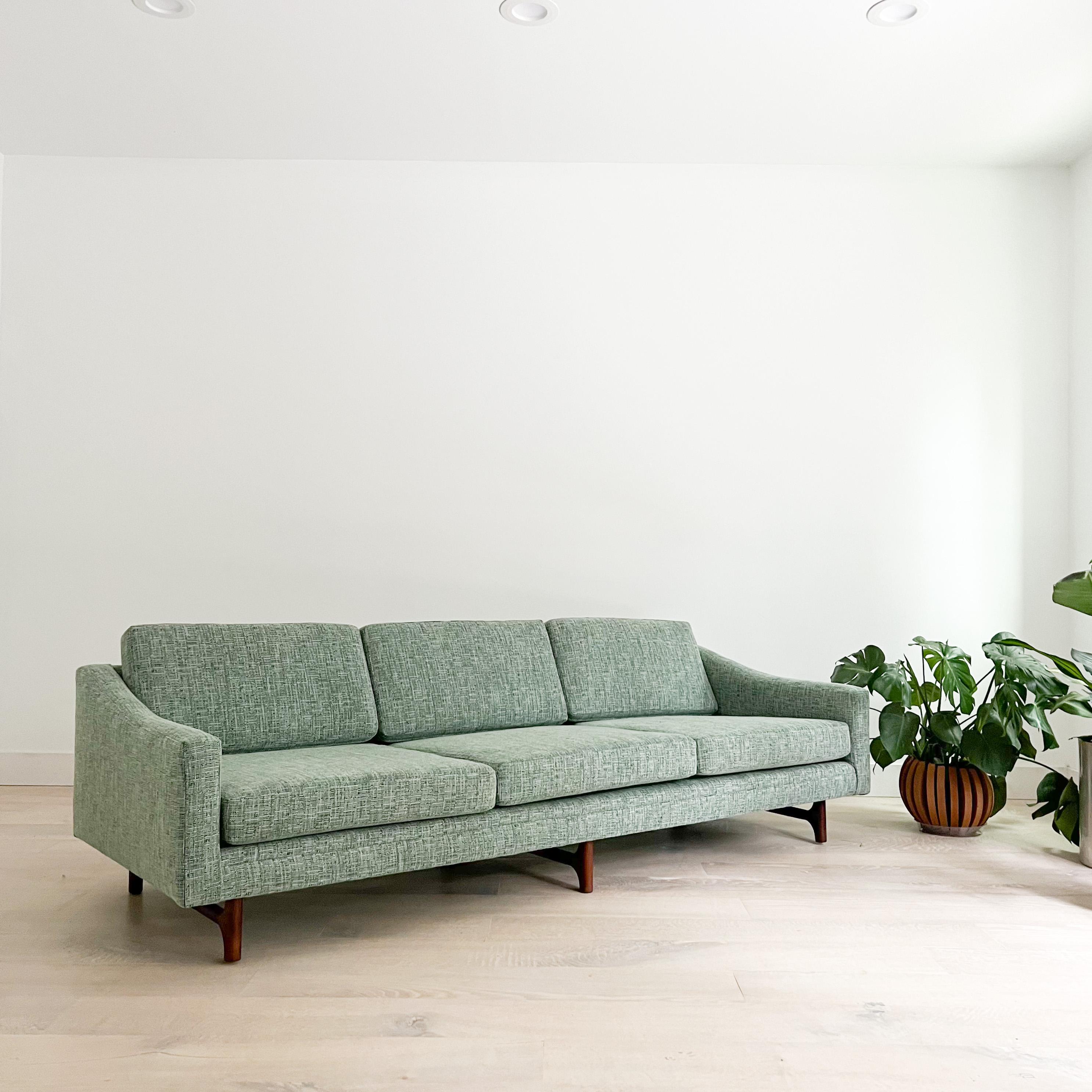 Mid-Century Modern Long Low Sofa w/ Walnut Legs by Rowe, New Upholstery 11