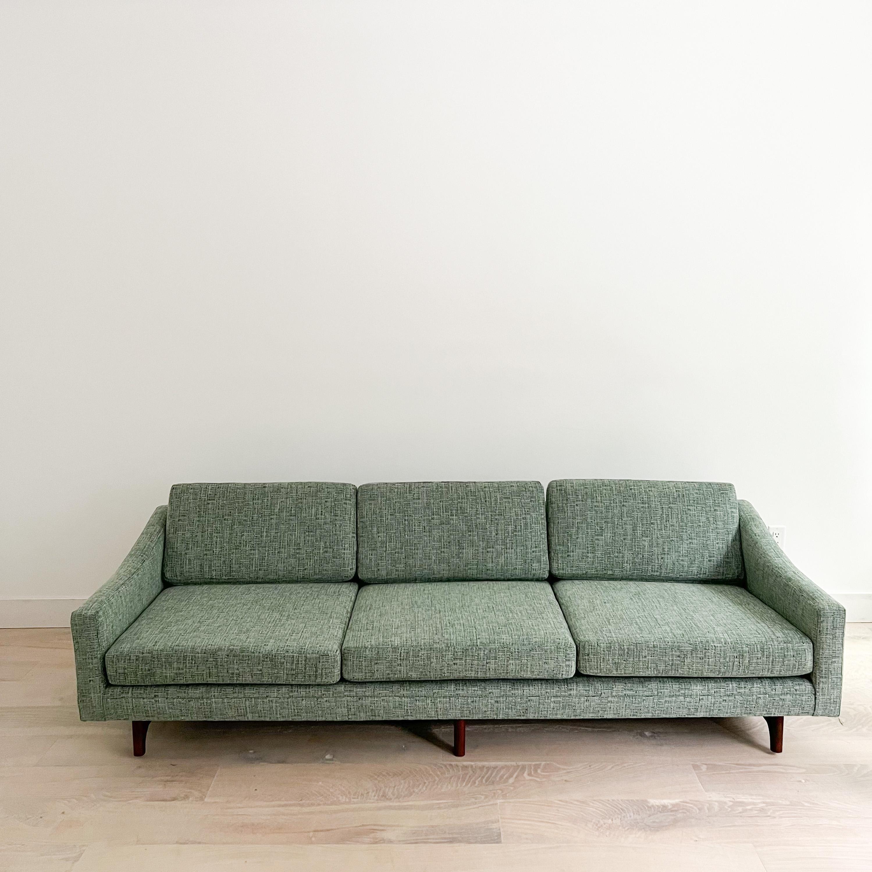 Mid-Century Modern Long Low Sofa w/ Walnut Legs by Rowe, New Upholstery In Excellent Condition In Asheville, NC