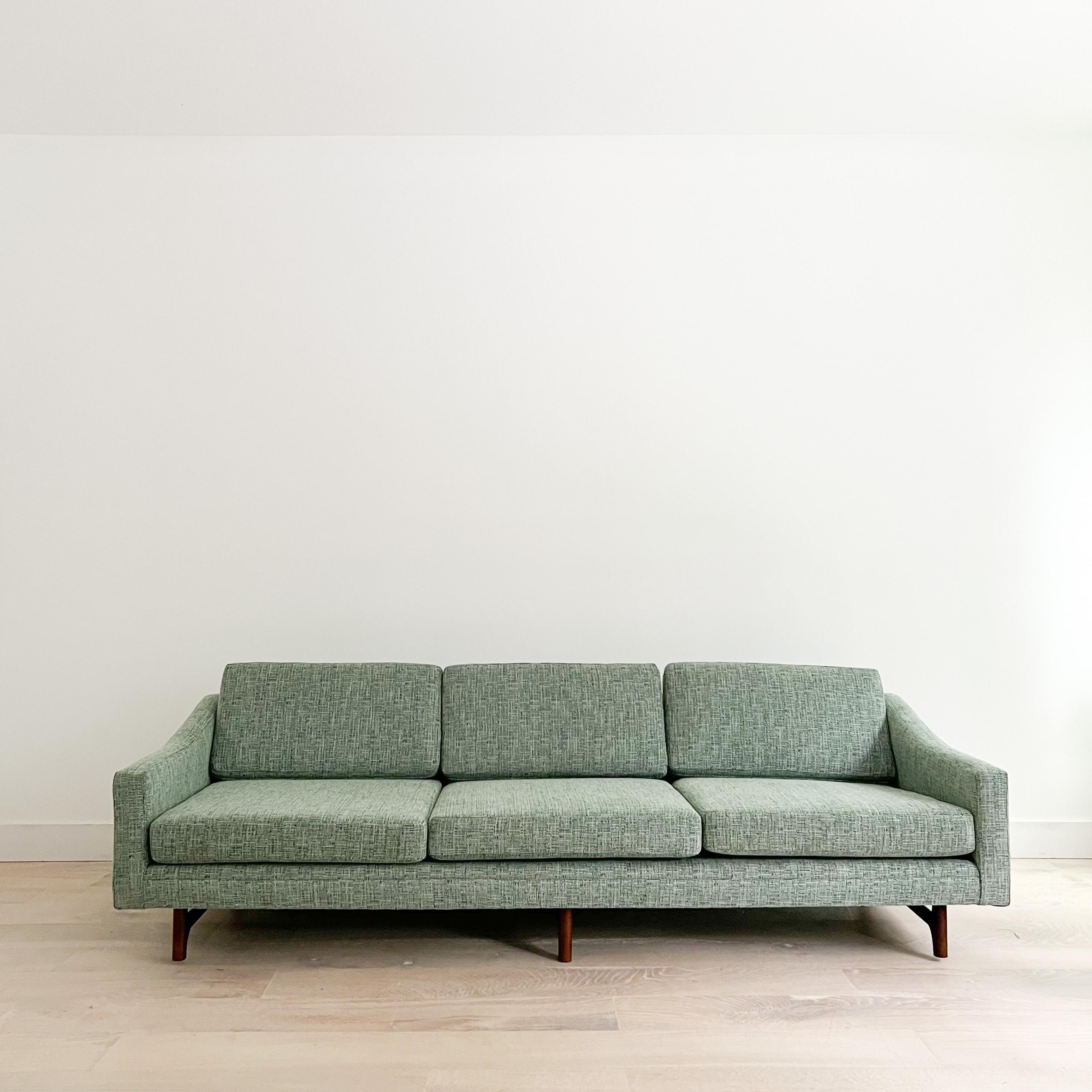 Mid-20th Century Mid-Century Modern Long Low Sofa w/ Walnut Legs by Rowe, New Upholstery