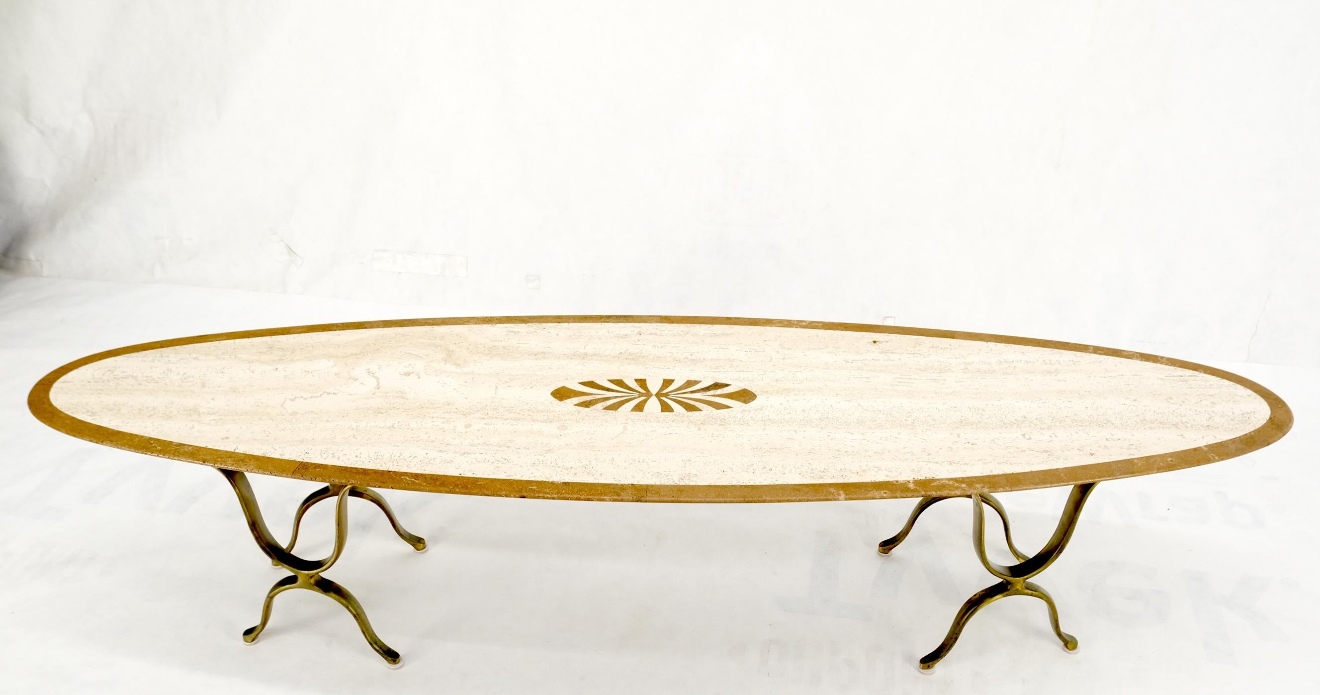 Mid Century Modern Long Oval Inlaid Travertine Brass Base Coffee Table MINT! For Sale 8