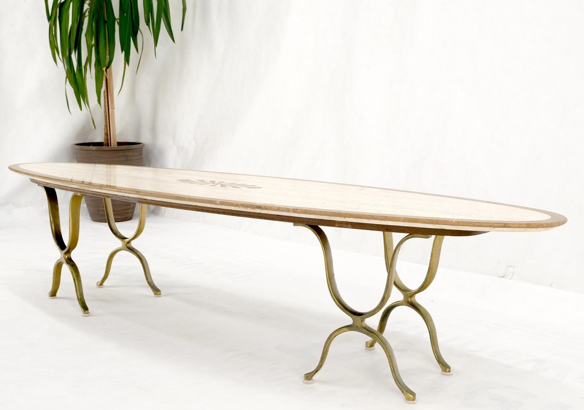 Mid Century Modern Long Oval Inlaid Travertine Brass Base Coffee Table MINT! For Sale 9