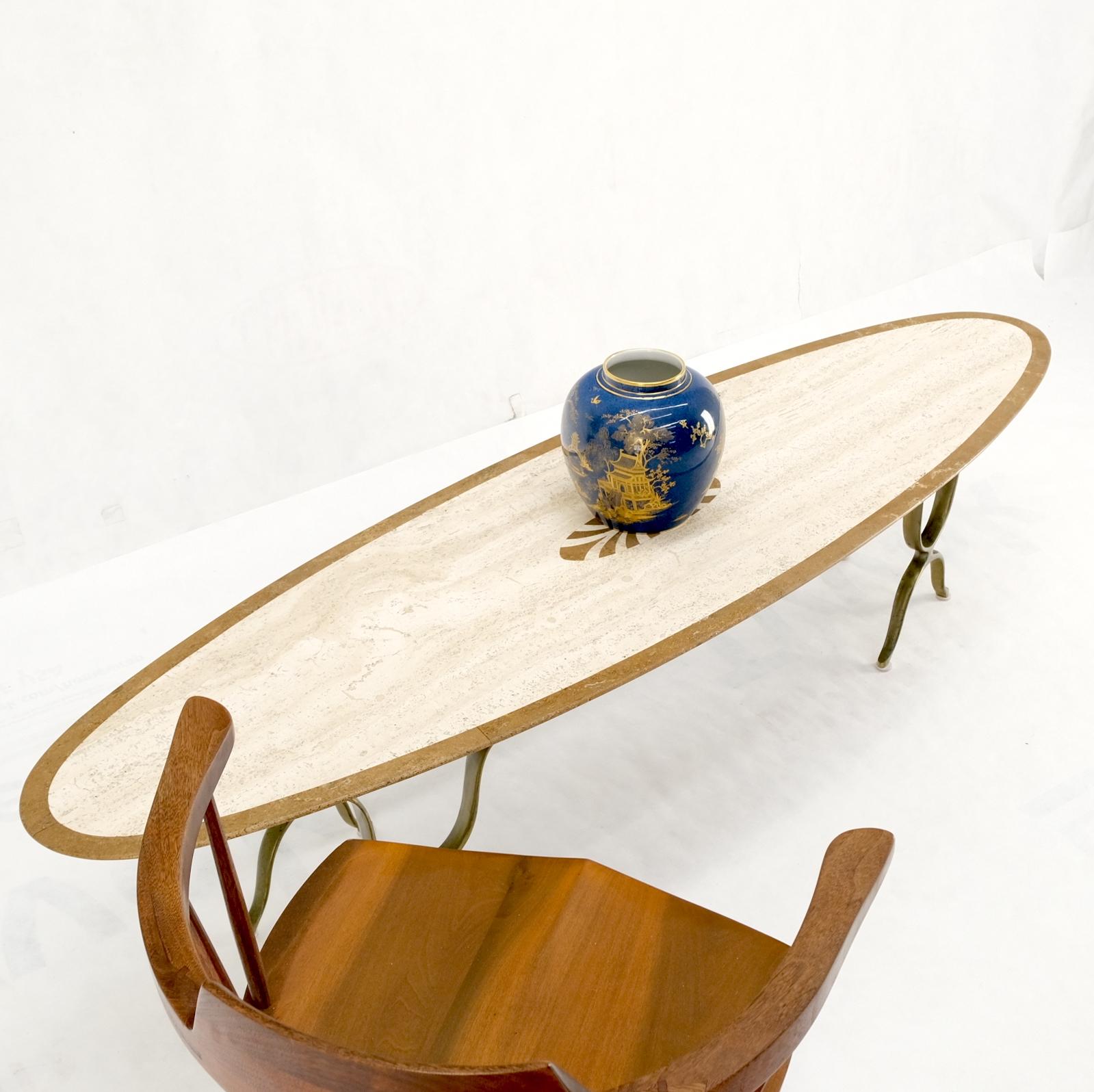 Mid Century Italian Modern Long Oval Inlaid Travertine Brass Base Coffee Table MINT!