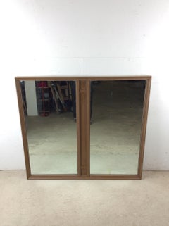 Espejo rectangular largo moderno de mediados de siglo con 2 paneles de cristal y acento de madera