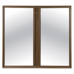 Espejo rectangular largo moderno de mediados de siglo con 2 paneles de cristal y acento de madera