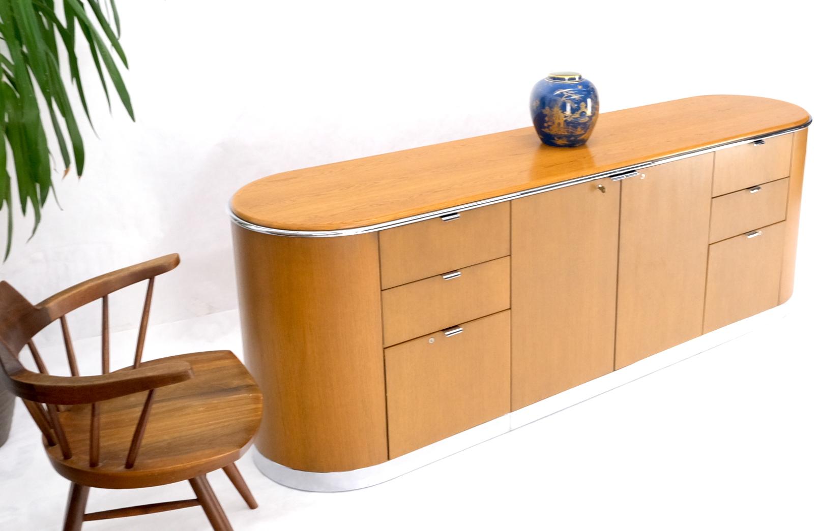 Rare Mid-Century Modern long credenza with rounded drum shape ends credenza dresser by Thonet. Comes with the working key.