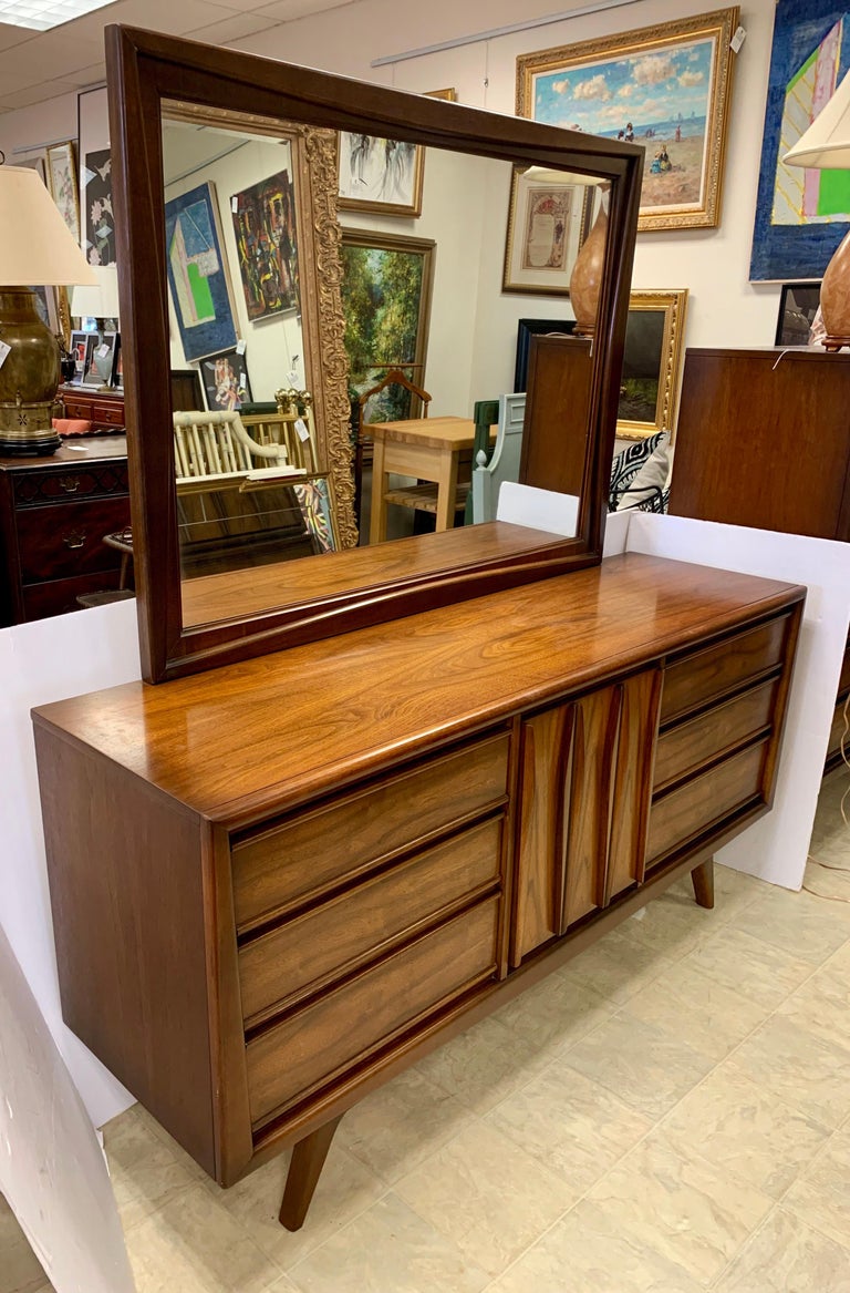 MidCentury Modern Long Sculptural Dresser with Mirror Chest of Drawers