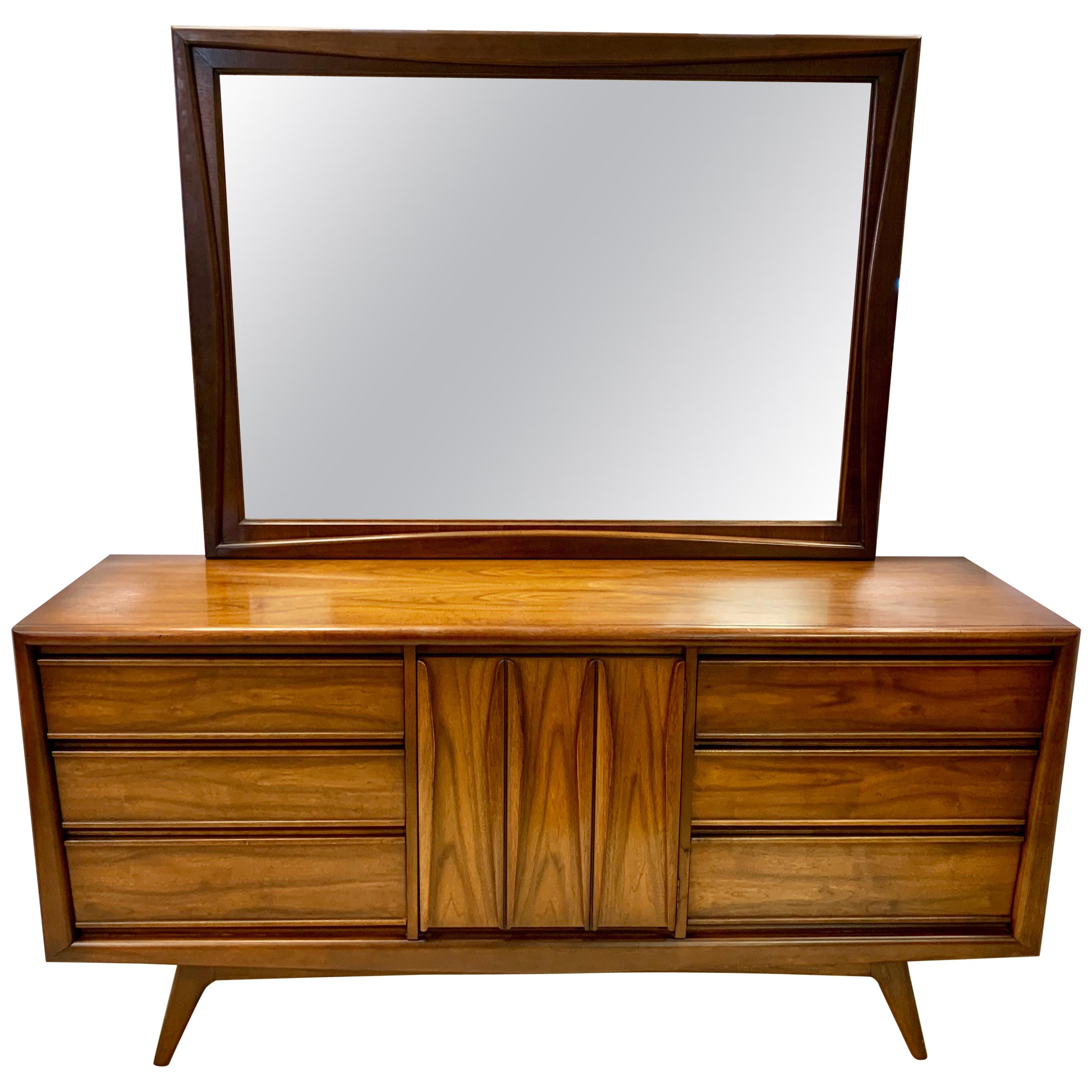 Mid-Century Modern Long Sculptural Dresser with Mirror Chest of Drawers