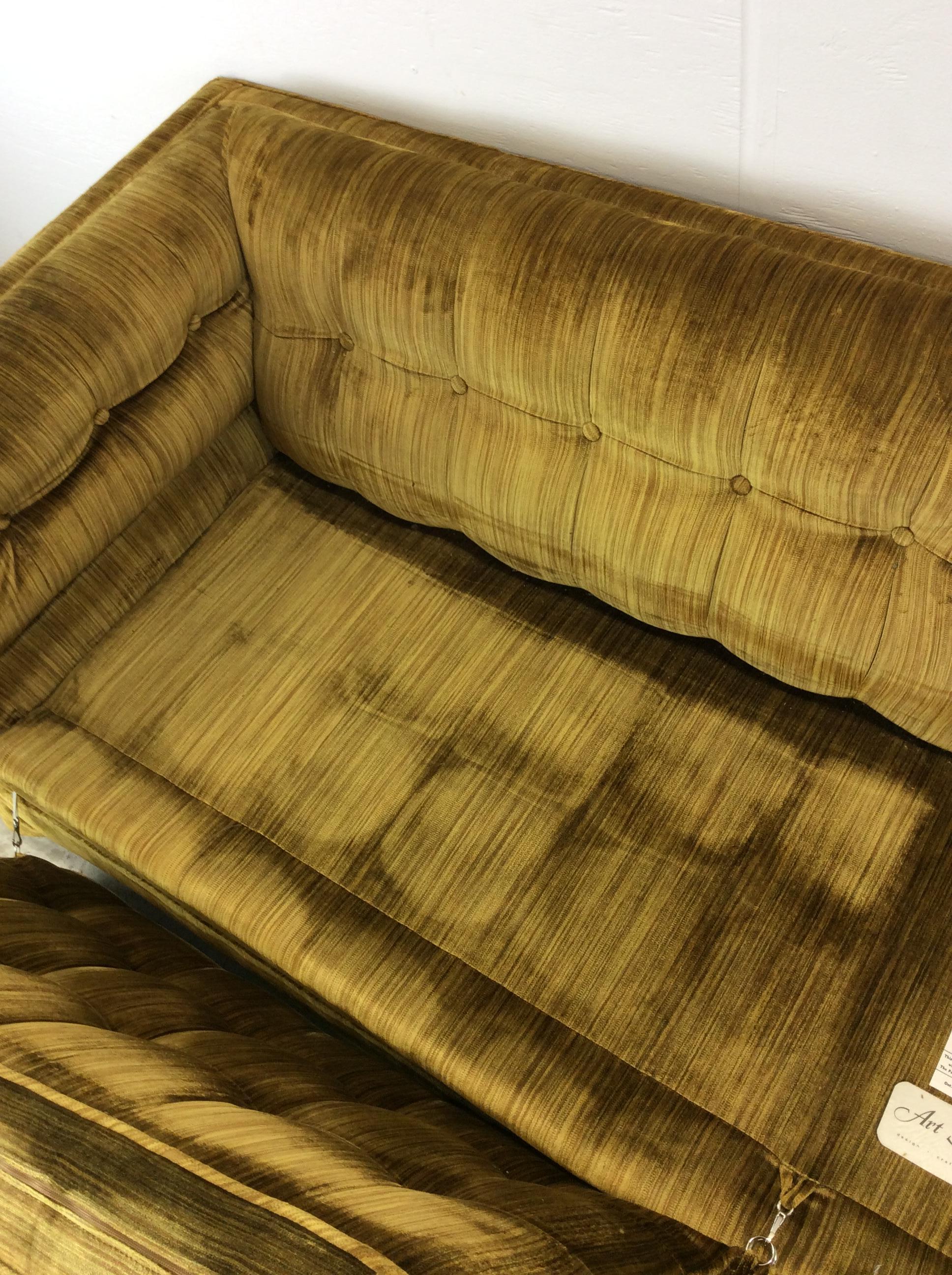 Mid Century Modern Long Sofa with Green Tufted Upholstery For Sale 14