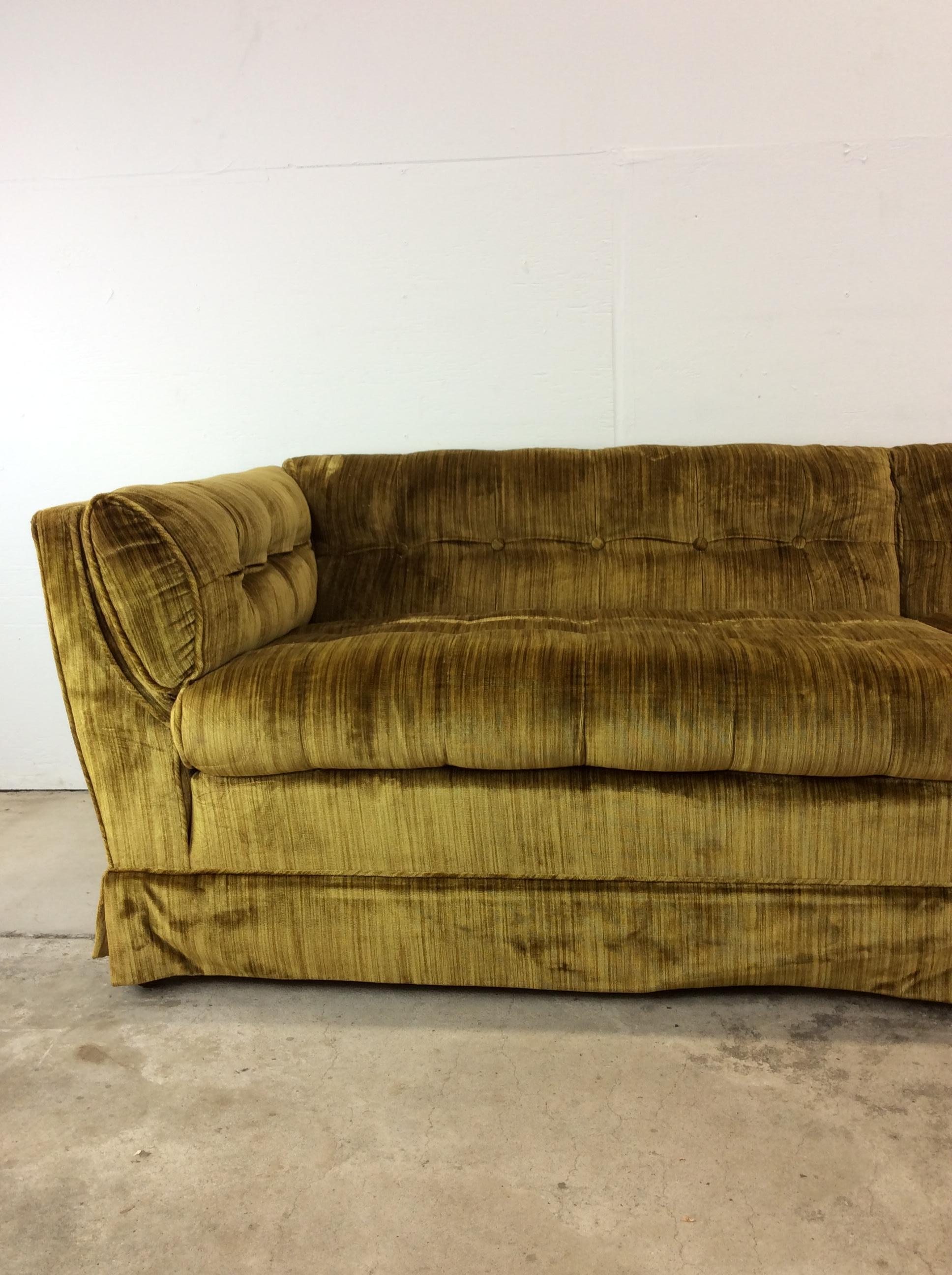 Mid-Century Modern Mid Century Modern Long Sofa with Green Tufted Upholstery For Sale