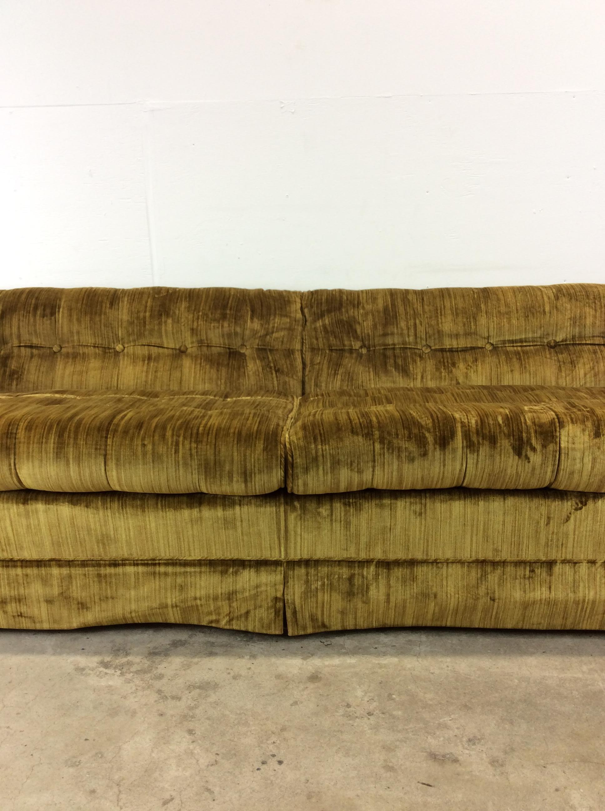 American Mid Century Modern Long Sofa with Green Tufted Upholstery For Sale