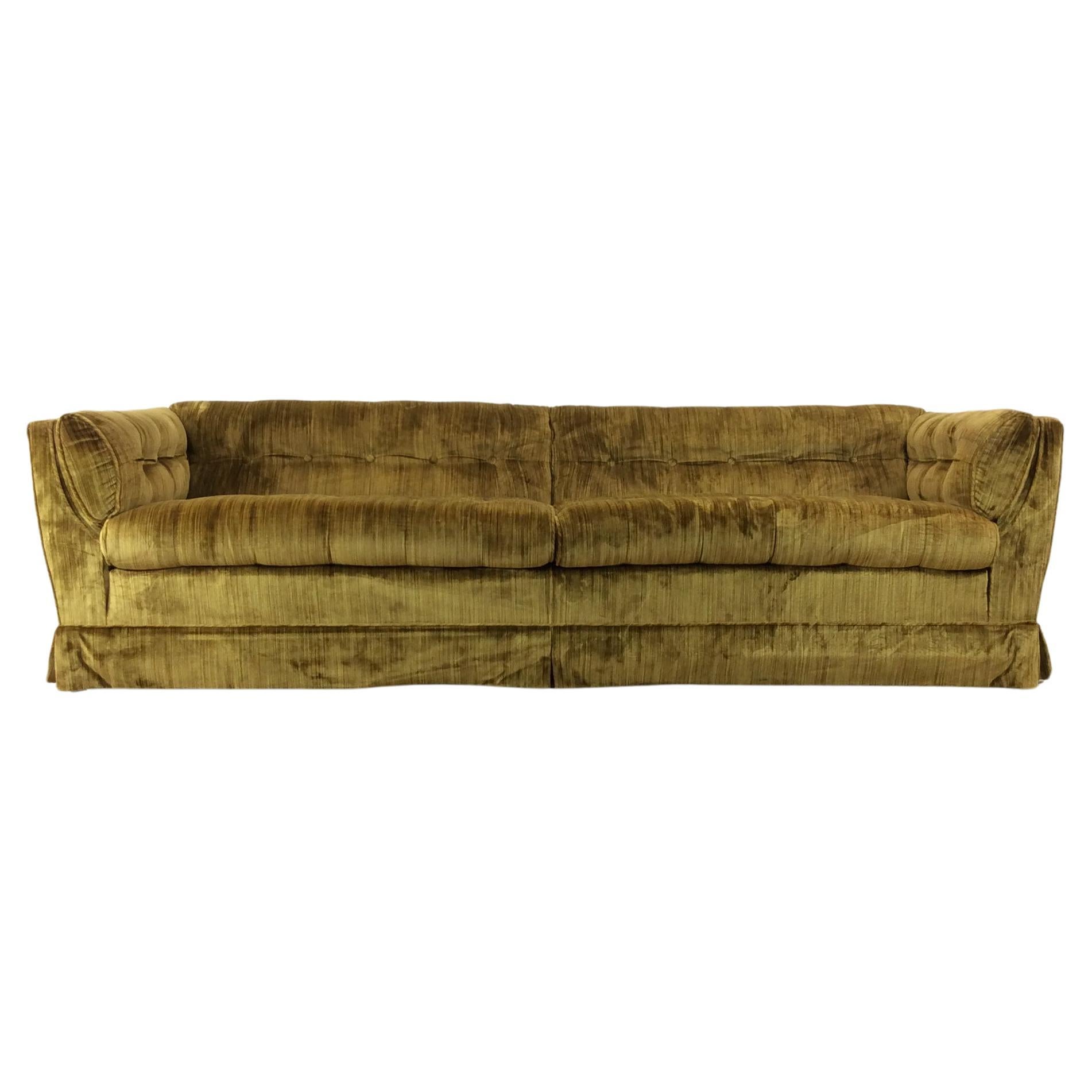 Mid Century Modern Long Sofa with Green Tufted Upholstery
