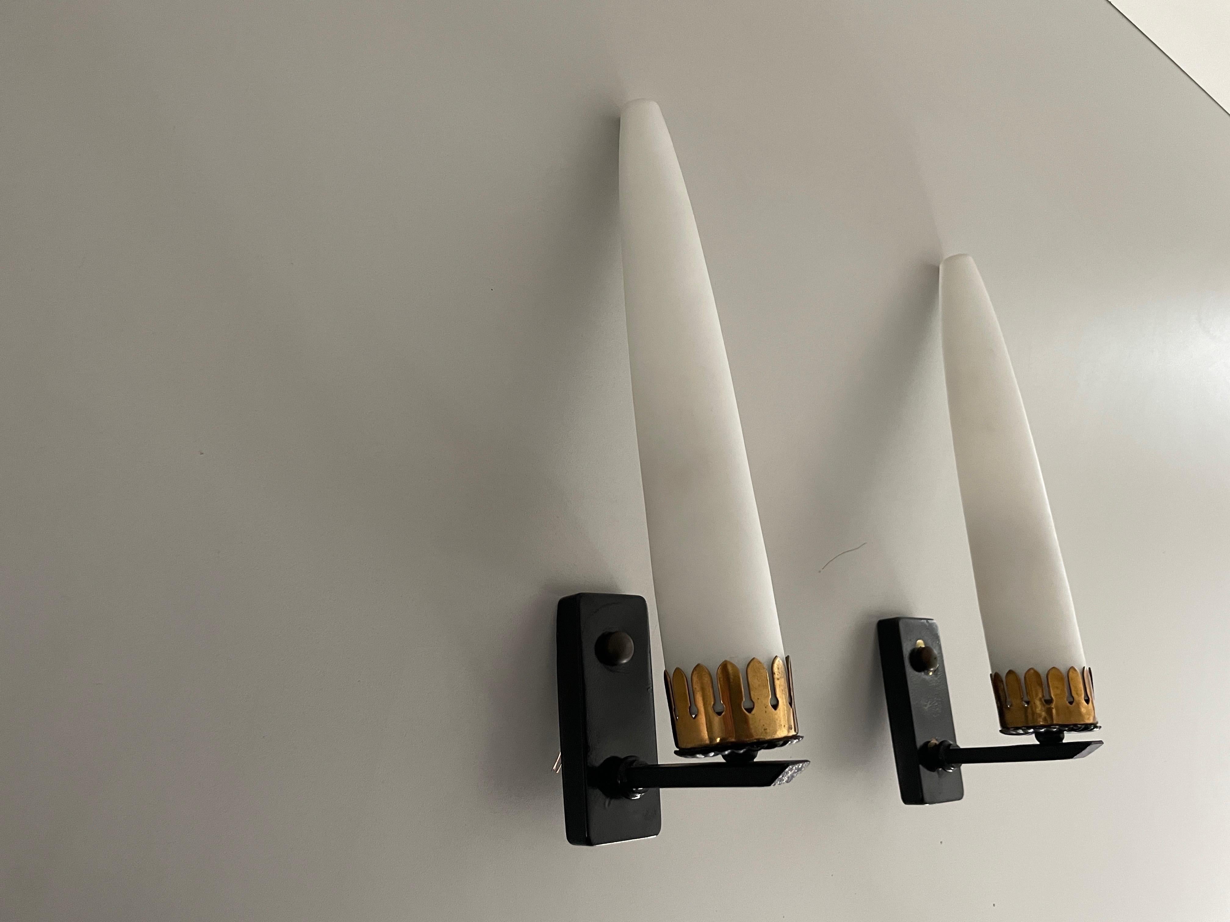 Metal Mid Century Modern Long White Glass Tubes Pair of Sconces, 1960s, Italy For Sale
