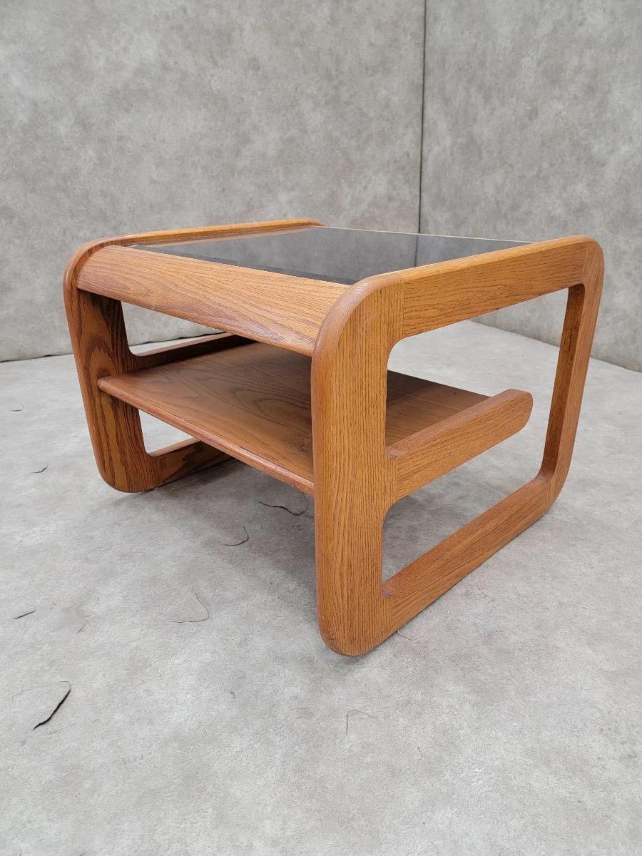 Mid Century Modern Lou Hodges California Two Tier Side Table with Inset Tinted Glass 

Circa Mid 20th Century 

Dimensions:

H 21