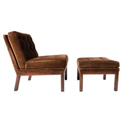 Mid-Century Modern Lounge Chair and Ottoman in Brown Felt Upholstery Attributed 