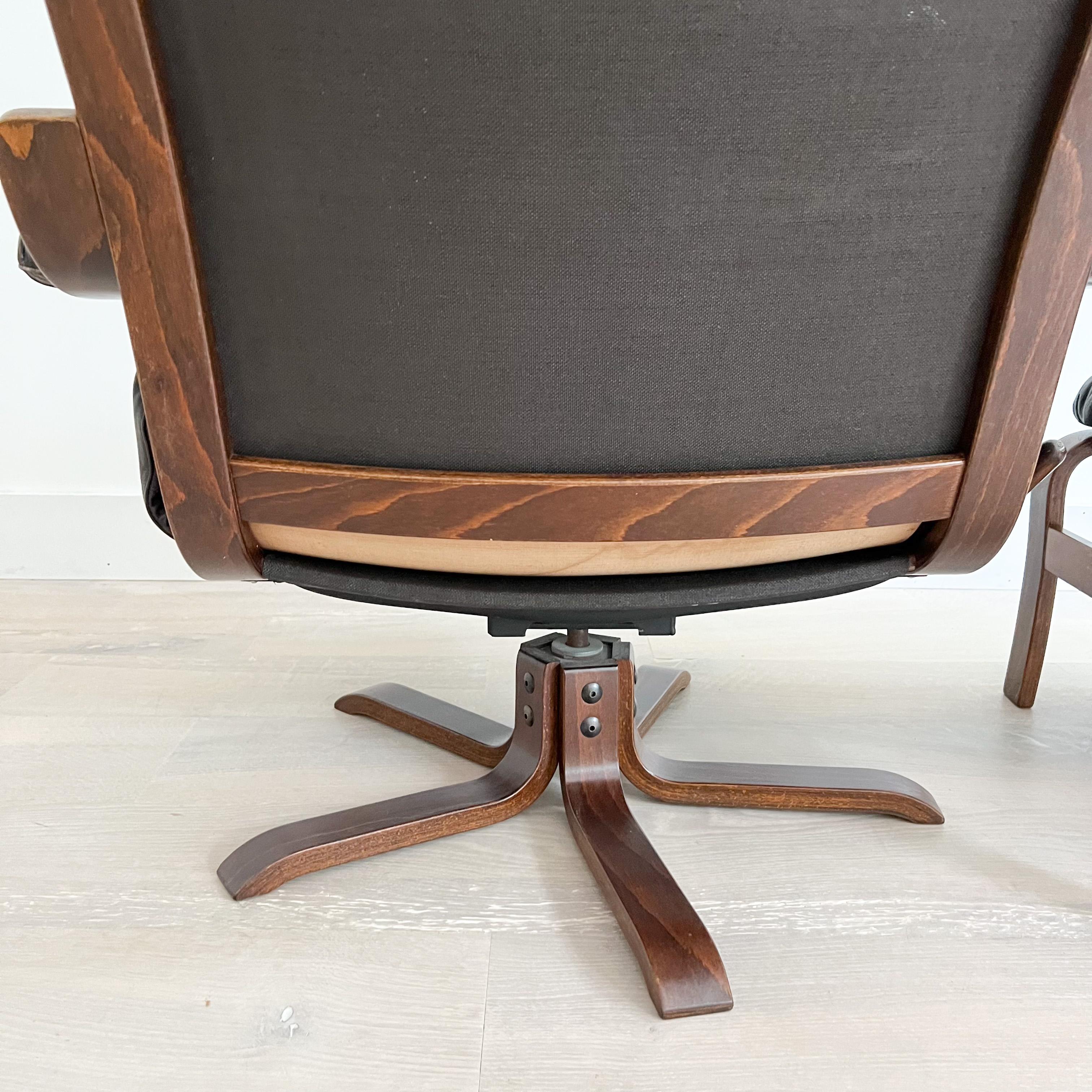 Mid-Century Modern Lounge Chair and Ottoman w/ Brown Leather 9