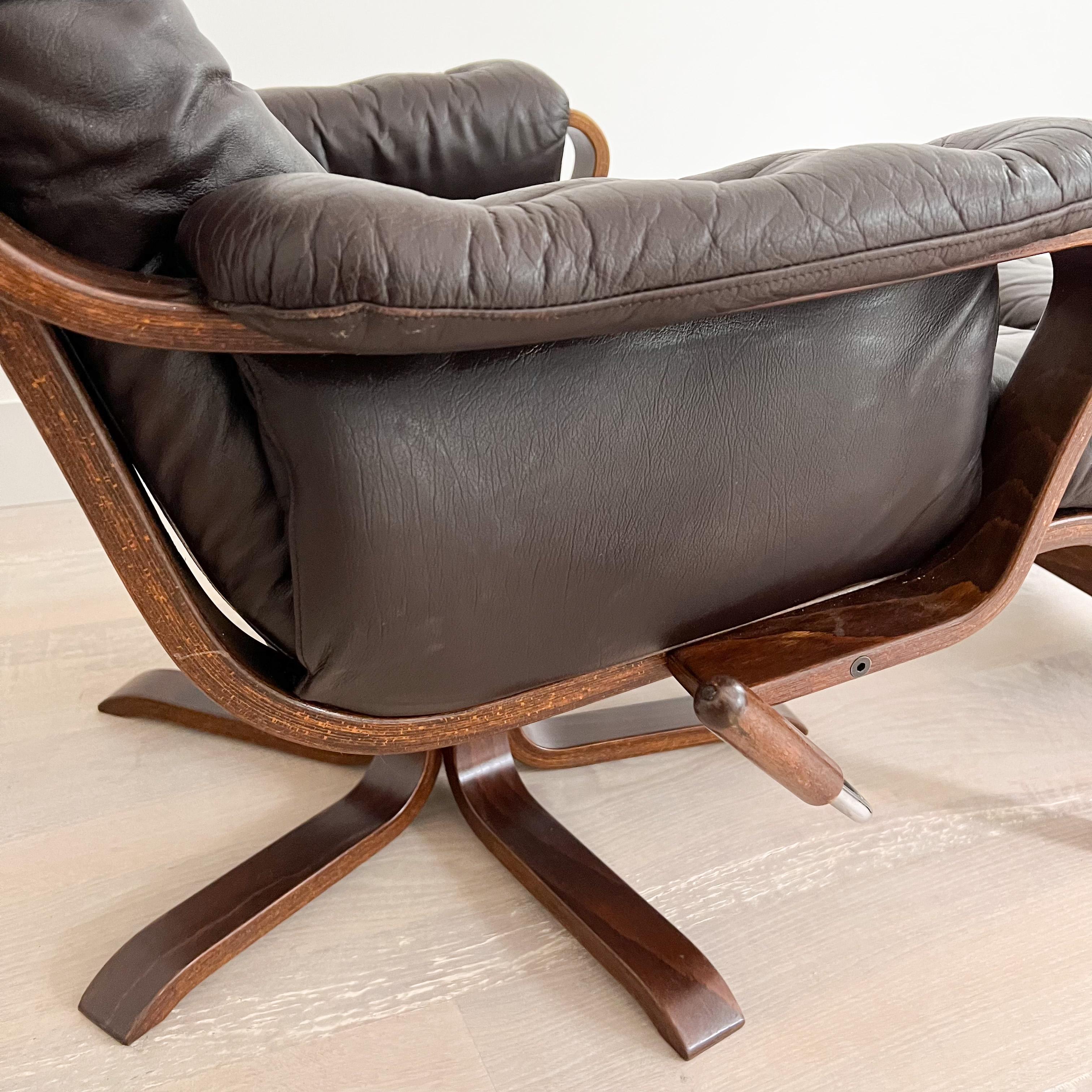 Mid-Century Modern Lounge Chair and Ottoman w/ Brown Leather 5