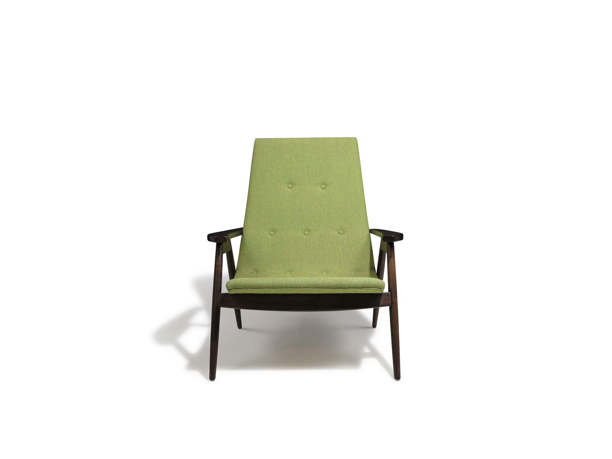 Mid-Century Modern Lounge Chair by Allan Gould, produced by Thayer Coggin, features a dark walnut frame with light green upholstery and subtle button tufting.
Measurements
W 30’’ x D 32’’ x H 34’’
Seat Height 16’’