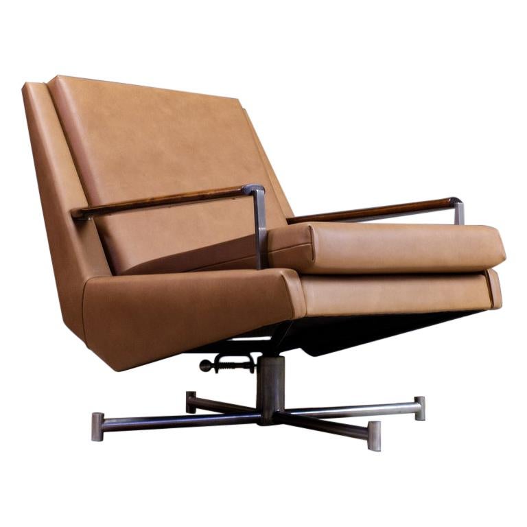 Mid-Century Modern Lounge Chair by Louis Van Teeffelen in Brown Leather, 1960s For Sale