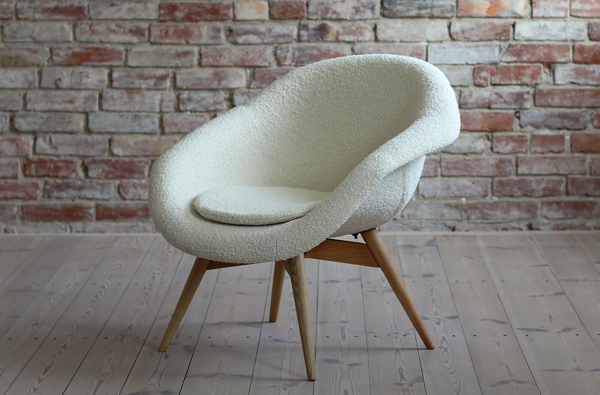 Czech Mid Century Modern Lounge Chair by M. Navrátil, 1950s, French Boucle Fabric For Sale