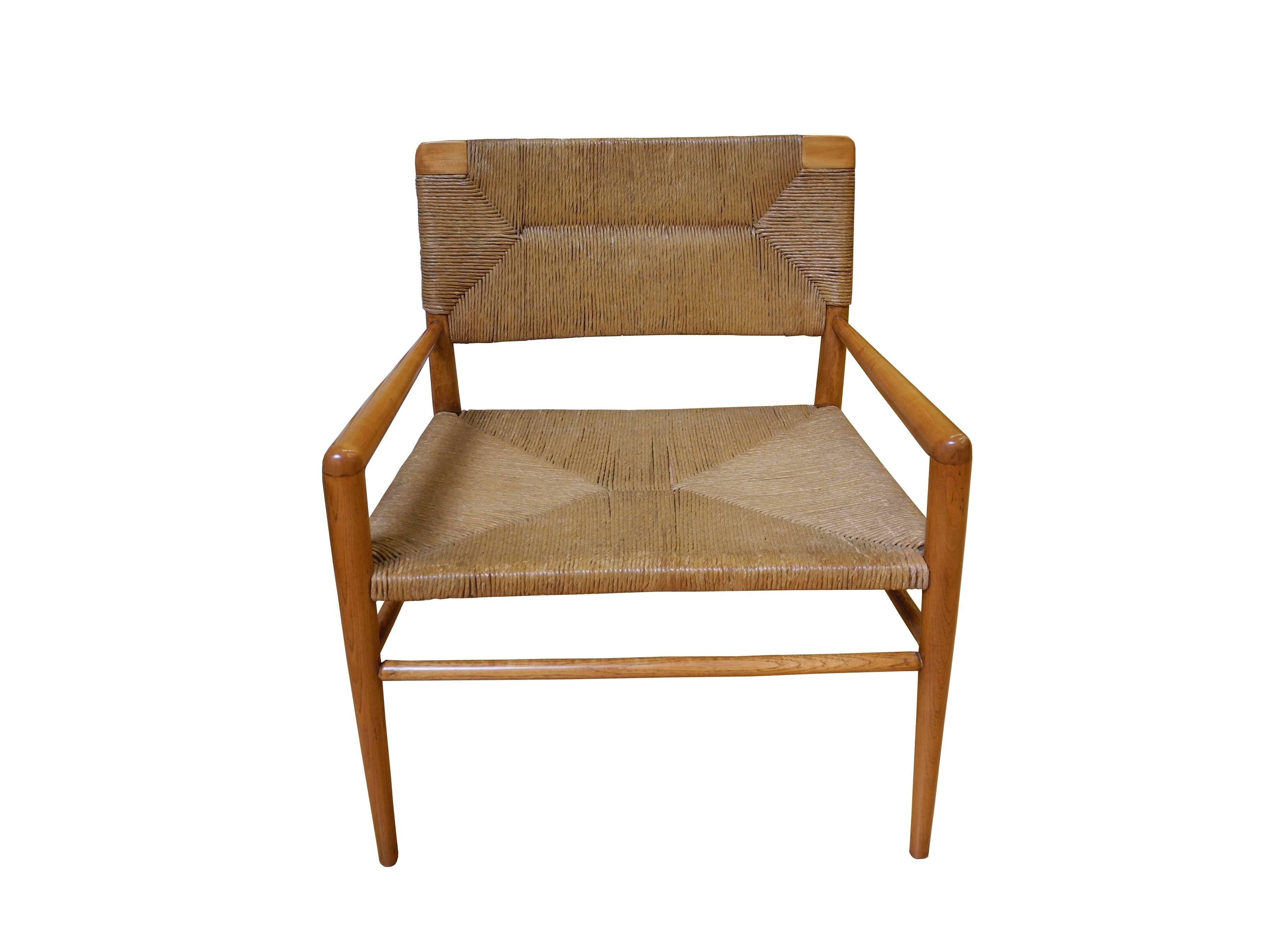 American Mid-Century Modern Lounge Chair by Mel Smilow Furniture in Walnut and Rush For Sale