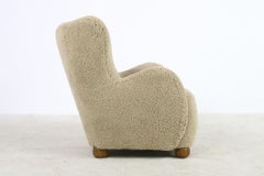 Mid-Century Modern Lounge Chair Denmark, 1954 Teddy Fur & Leather, Sheepskin
