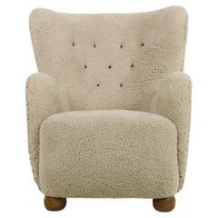 Mid-Century Modern Lounge Chair Denmark, 1954 Teddy Fur & Leather, Sheepskin