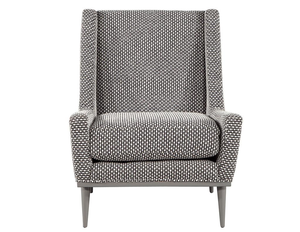 Mid-Century Modern lounge chair in grey Lacquer. American, circa 1960’s. Masterfully restored in a grey lacquer with black and white textured fabric. Large oversized design provides maximum comfort, perfect for lounging. Price includes complimentary