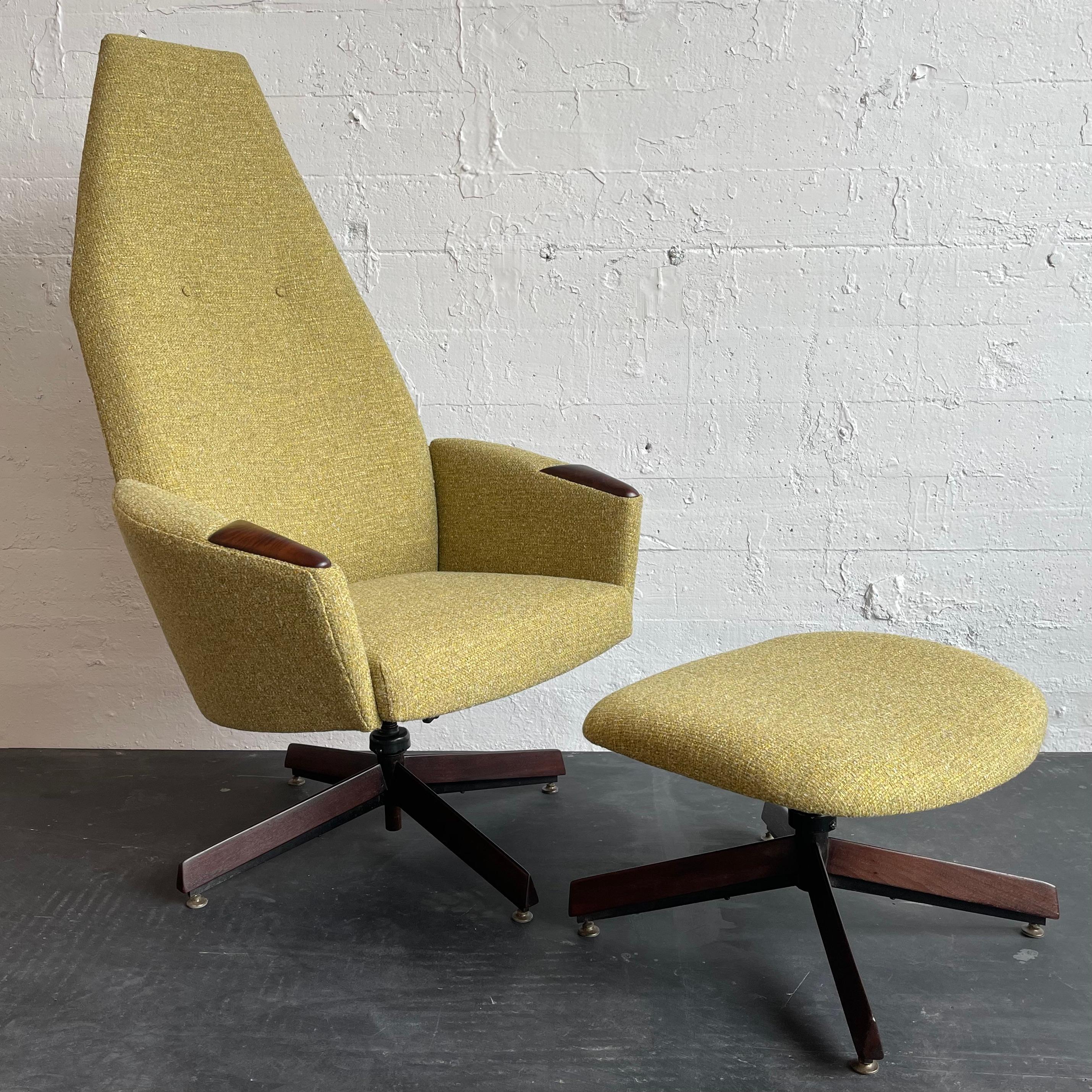 Mid-Century Modern, model 2174-C, lounge chair and ottoman set by Adrian Pearsall for Craft Associates features a fully upholstered, high-back, sculpted silhouette with walnut armrests and walnut 4 prong bases. The chair and ottoman swivel and both