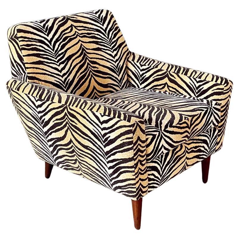 Mid-Century Modern Lounge Chair w/ Zebra Print Upholstery & Tapered Legs