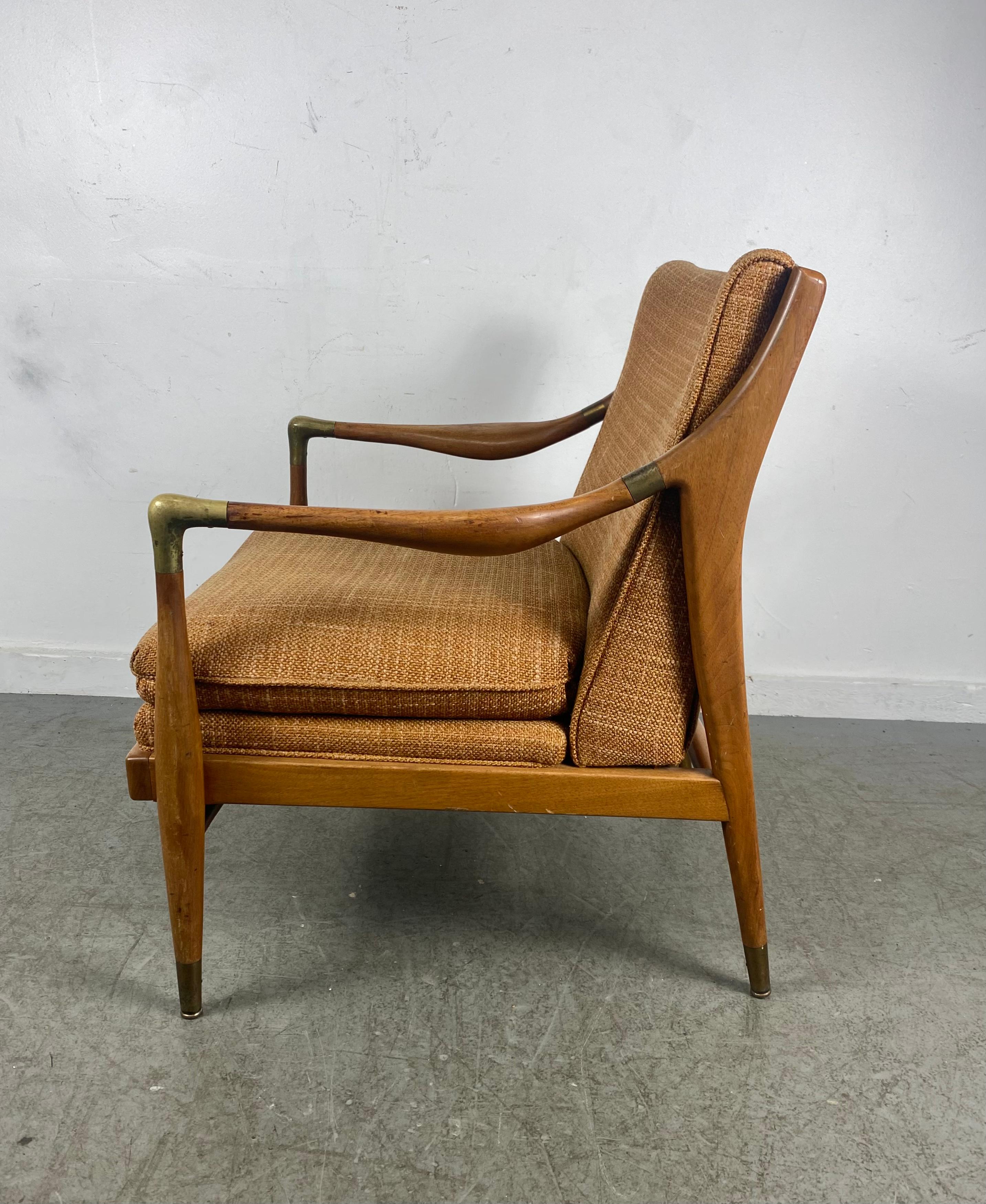 American Mid-Century Modern Lounge Chair, Walnut /Brass Accents, Jamestown Royal Up Co